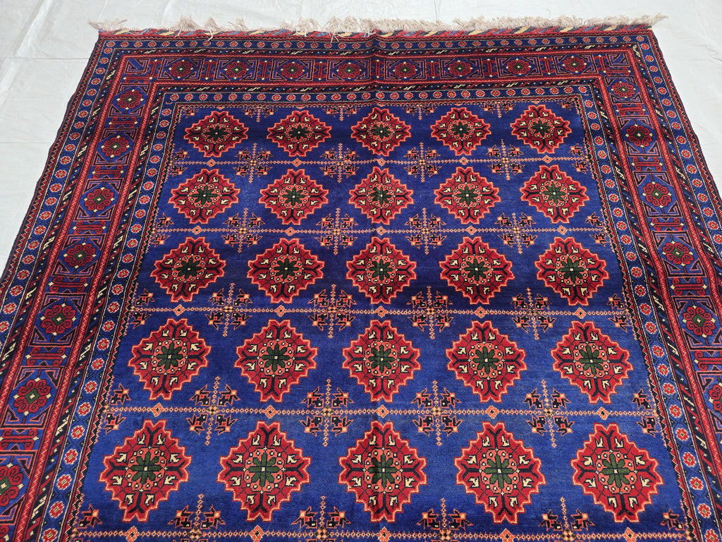 6x10 Turkmen Handwoven Large Bukhara Rug, Navy Blue and Red Geometric Wool Area Rug, High Pile Rug, Rug for Living Room, Bedroom Rug 296x196