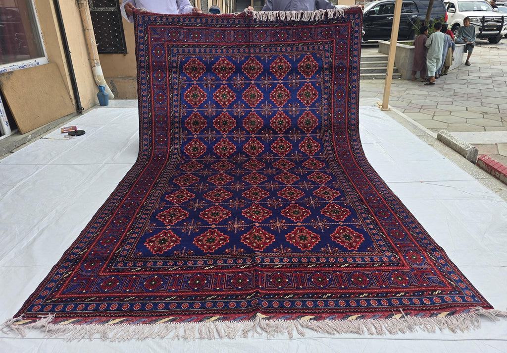 6x10 Turkmen Handwoven Large Bukhara Rug, Navy Blue and Red Geometric Wool Area Rug, High Pile Rug, Rug for Living Room, Bedroom Rug 296x196