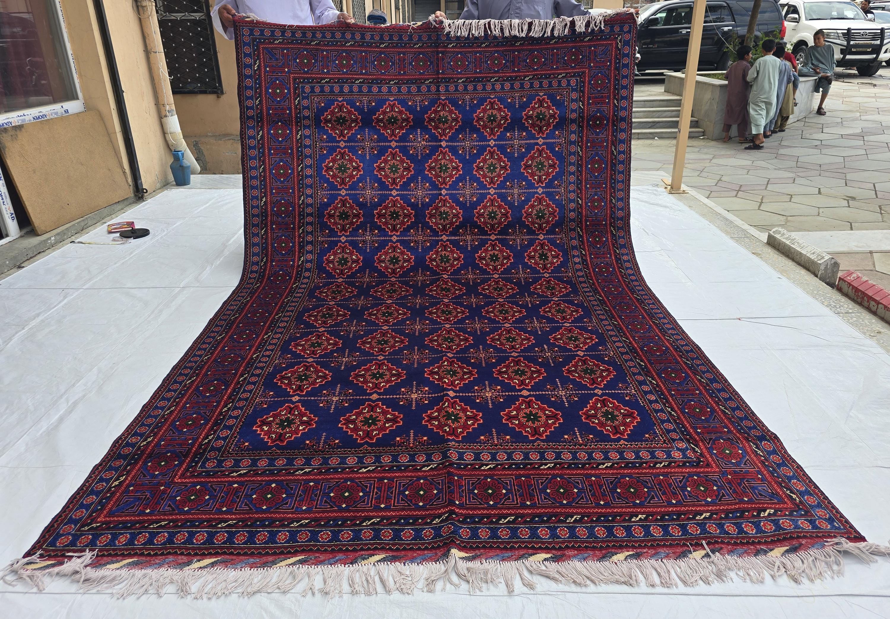 6x10 Turkmen Handwoven Large Bukhara Rug, Navy Blue and Red Geometric Wool Area Rug, High Pile Rug, Rug for Living Room, Bedroom Rug 296x196