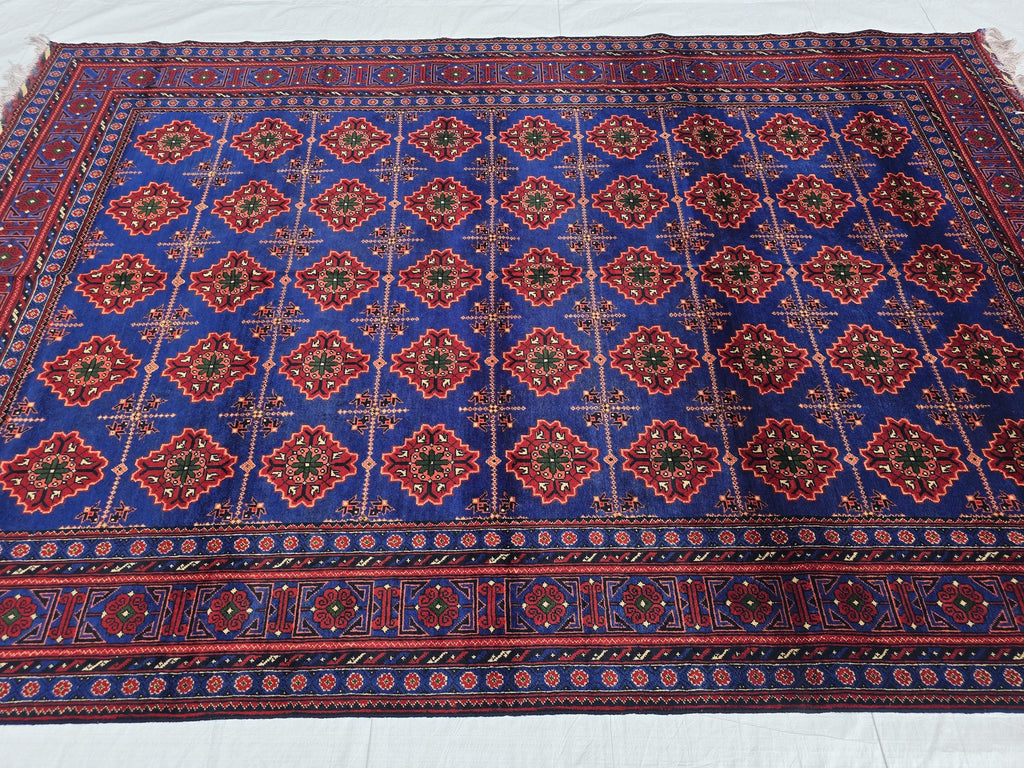 6x10 Turkmen Handwoven Large Bukhara Rug, Navy Blue and Red Geometric Wool Area Rug, High Pile Rug, Rug for Living Room, Bedroom Rug 296x196