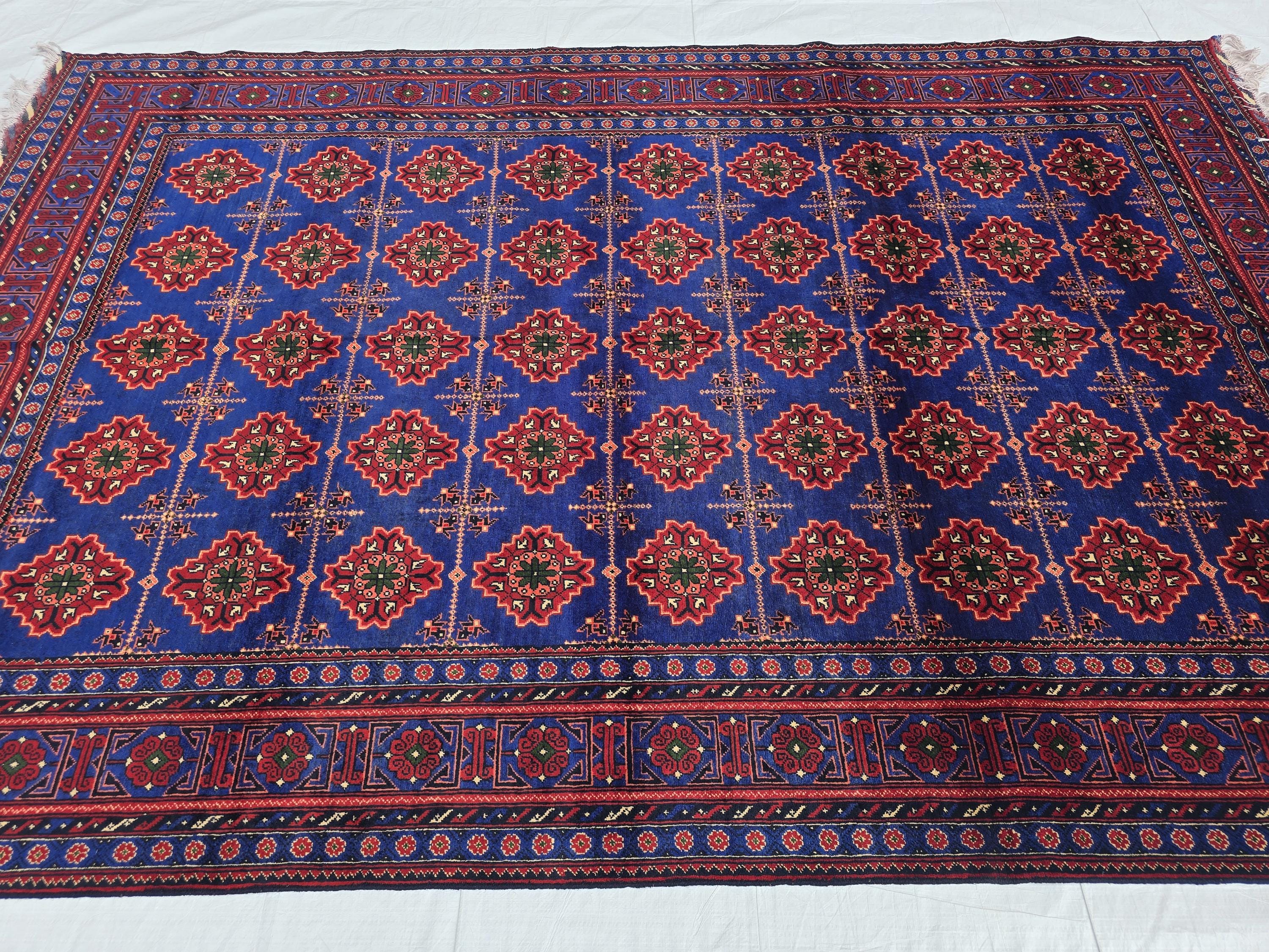 6x10 Turkmen Handwoven Large Bukhara Rug, Navy Blue and Red Geometric Wool Area Rug, High Pile Rug, Rug for Living Room, Bedroom Rug 296x196
