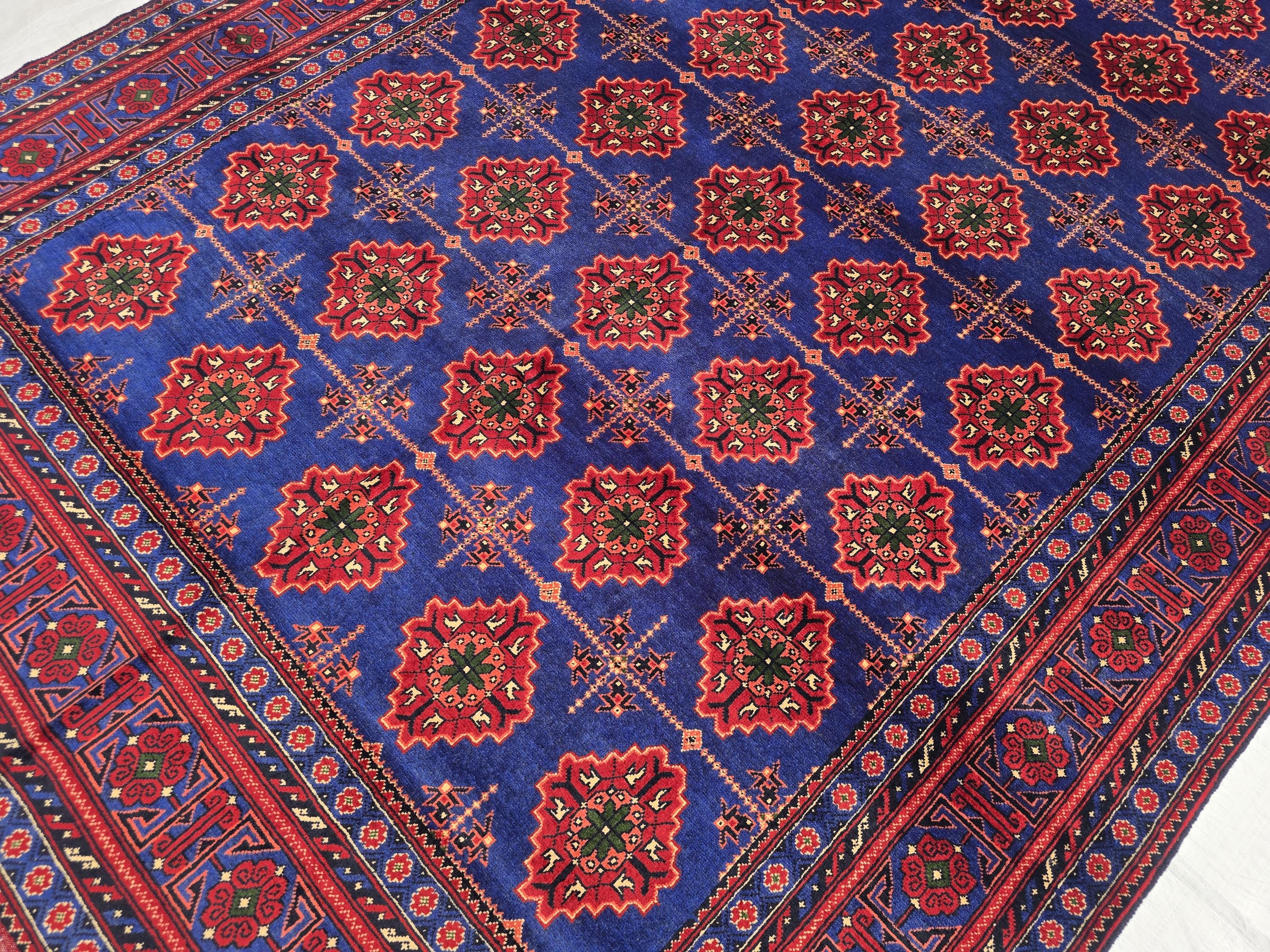 6x10 Turkmen Handwoven Large Bukhara Rug, Navy Blue and Red Geometric Wool Area Rug, High Pile Rug, Rug for Living Room, Bedroom Rug 296x196