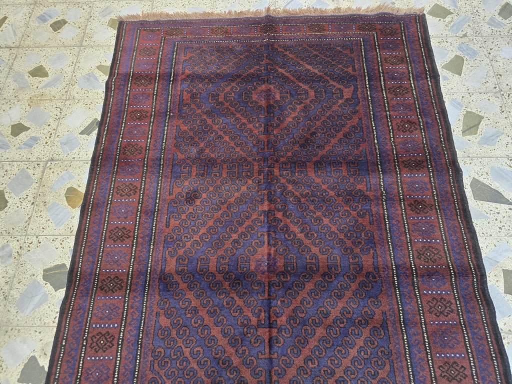 4x8 Vintage Baluchi Handmade Rug, Turkmen Handcraft Wool Area Rug, Blue and Brown Geometric Rug, Perfect for Hallway, Entryway