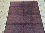 4x8 Vintage Baluchi Handmade Rug, Turkmen Handcraft Wool Area Rug, Blue and Brown Geometric Rug, Perfect for Hallway, Entryway