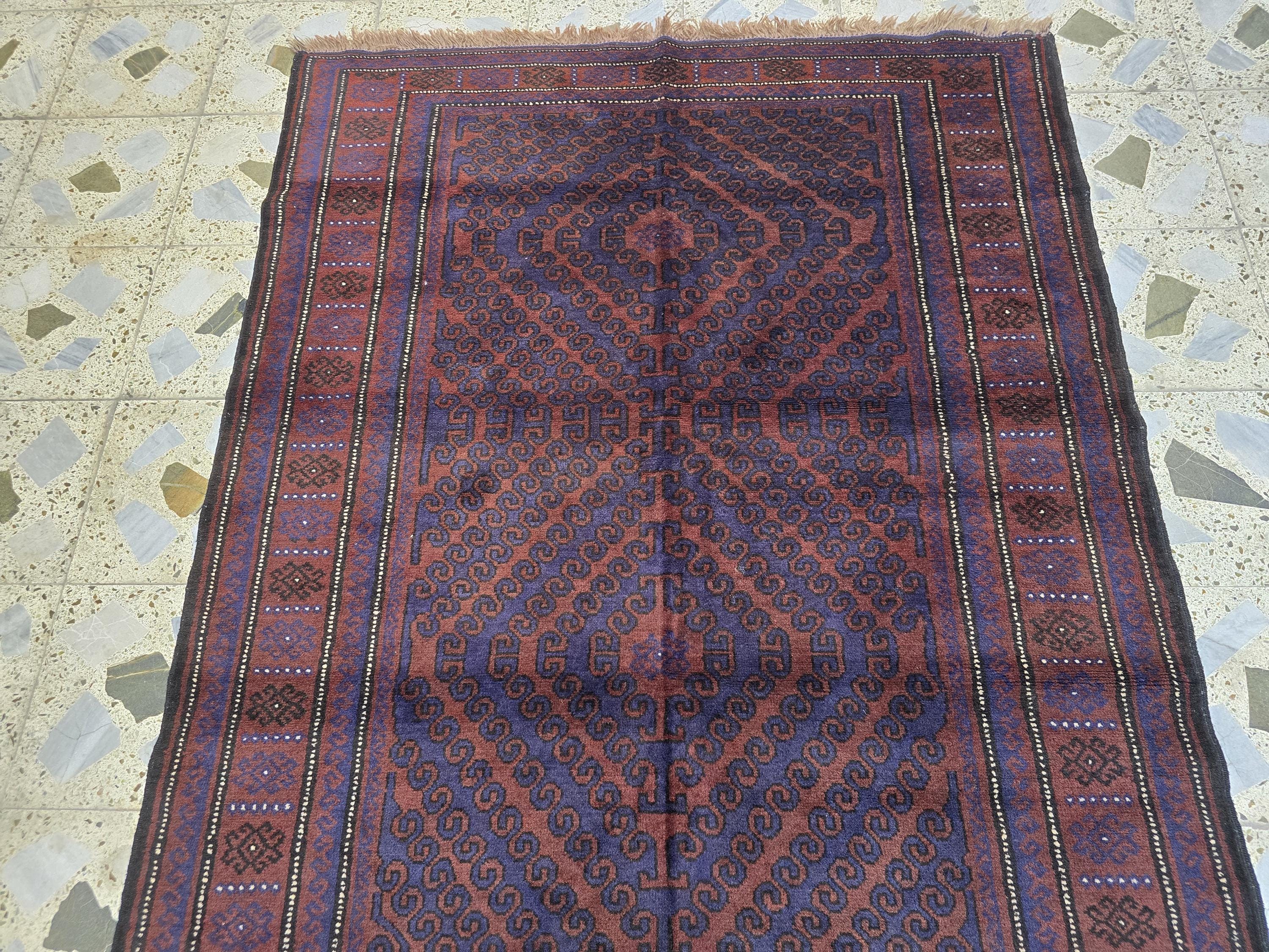4x8 Vintage Baluchi Handmade Rug, Turkmen Handcraft Wool Area Rug, Blue and Brown Geometric Rug, Perfect for Hallway, Entryway