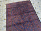 4x8 Vintage Baluchi Handmade Rug, Turkmen Handcraft Wool Area Rug, Blue and Brown Geometric Rug, Perfect for Hallway, Entryway