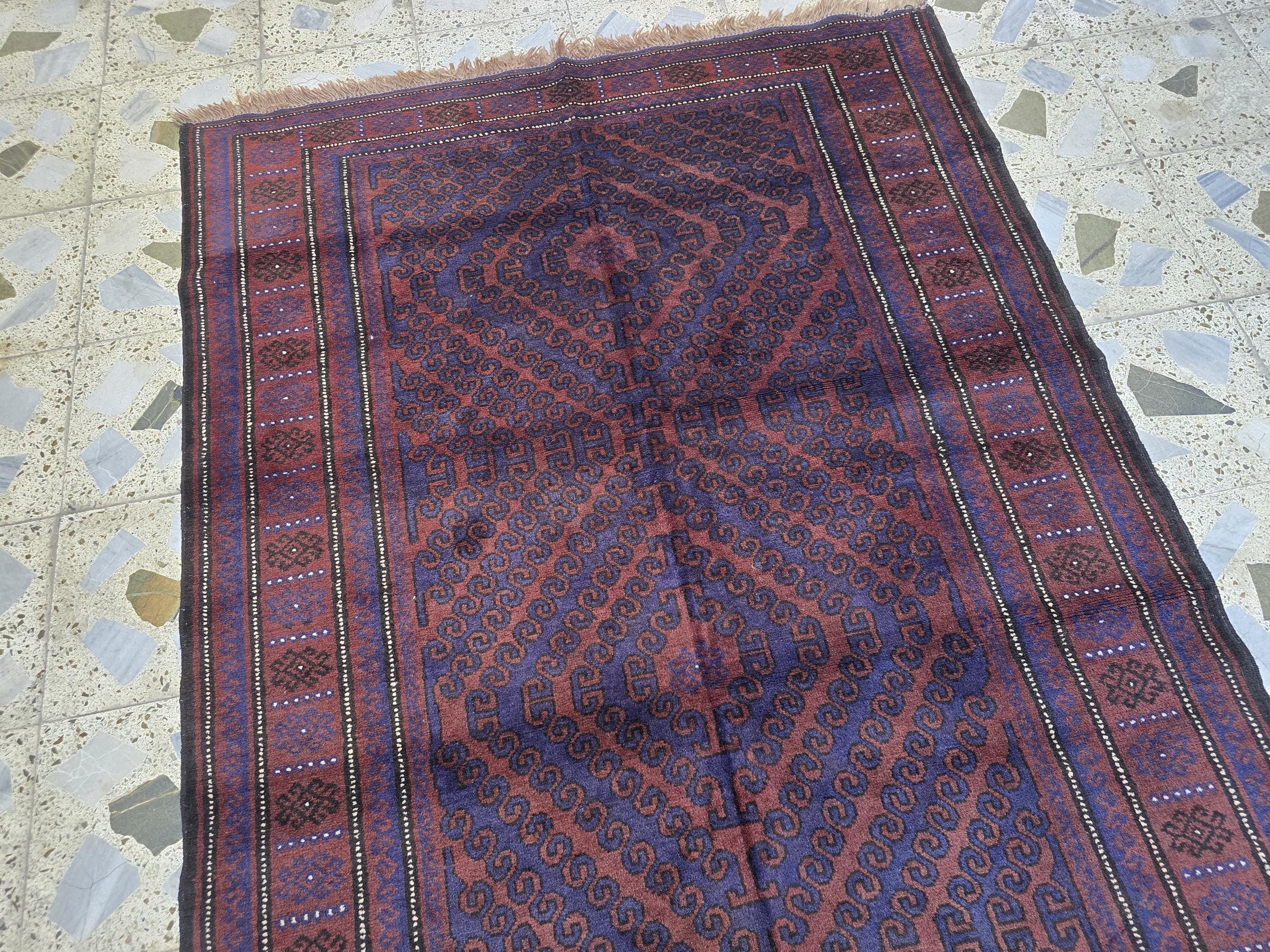 4x8 Vintage Baluchi Handmade Rug, Turkmen Handcraft Wool Area Rug, Blue and Brown Geometric Rug, Perfect for Hallway, Entryway