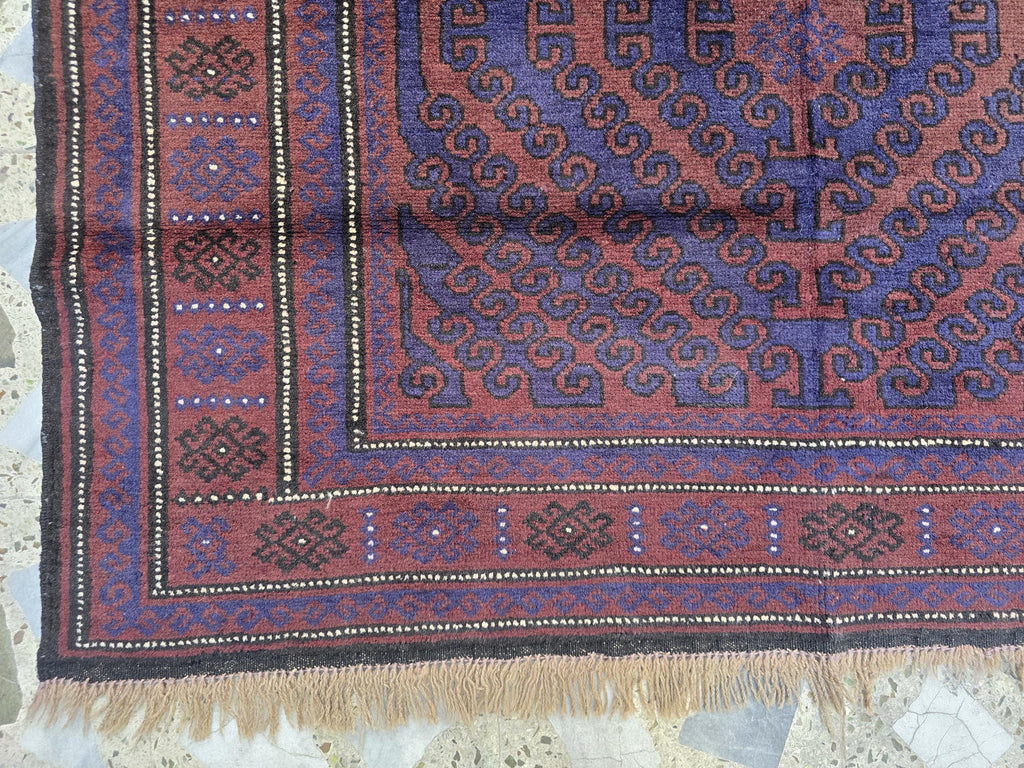 4x8 Vintage Baluchi Handmade Rug, Turkmen Handcraft Wool Area Rug, Blue and Brown Geometric Rug, Perfect for Hallway, Entryway