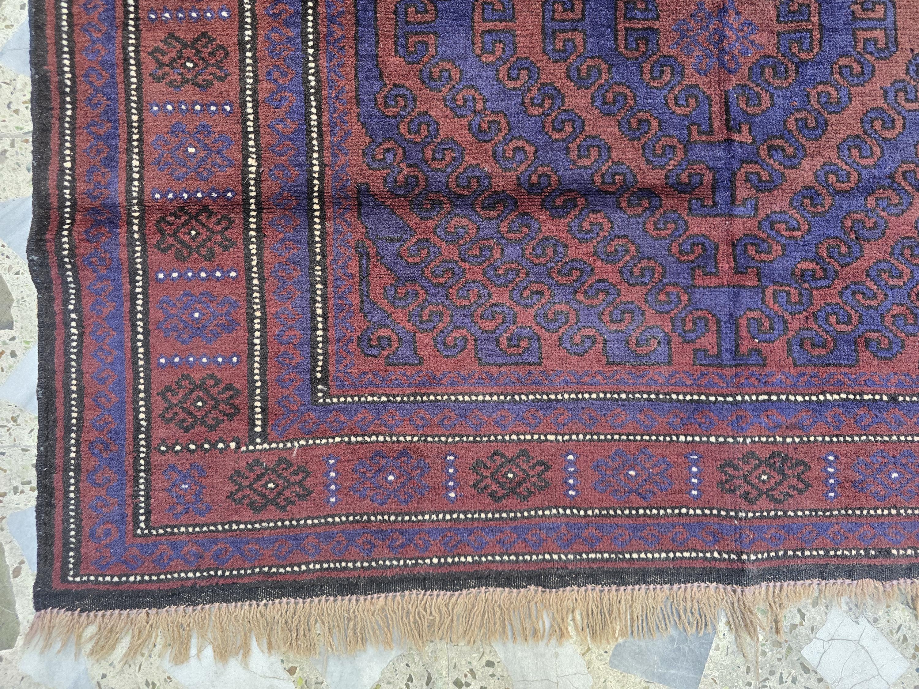 4x8 Vintage Baluchi Handmade Rug, Turkmen Handcraft Wool Area Rug, Blue and Brown Geometric Rug, Perfect for Hallway, Entryway