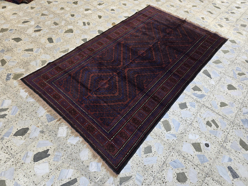 4x8 Vintage Baluchi Handmade Rug, Turkmen Handcraft Wool Area Rug, Blue and Brown Geometric Rug, Perfect for Hallway, Entryway