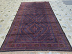 4x8 Vintage Baluchi Handmade Rug, Turkmen Handcraft Wool Area Rug, Blue and Brown Geometric Rug, Perfect for Hallway, Entryway