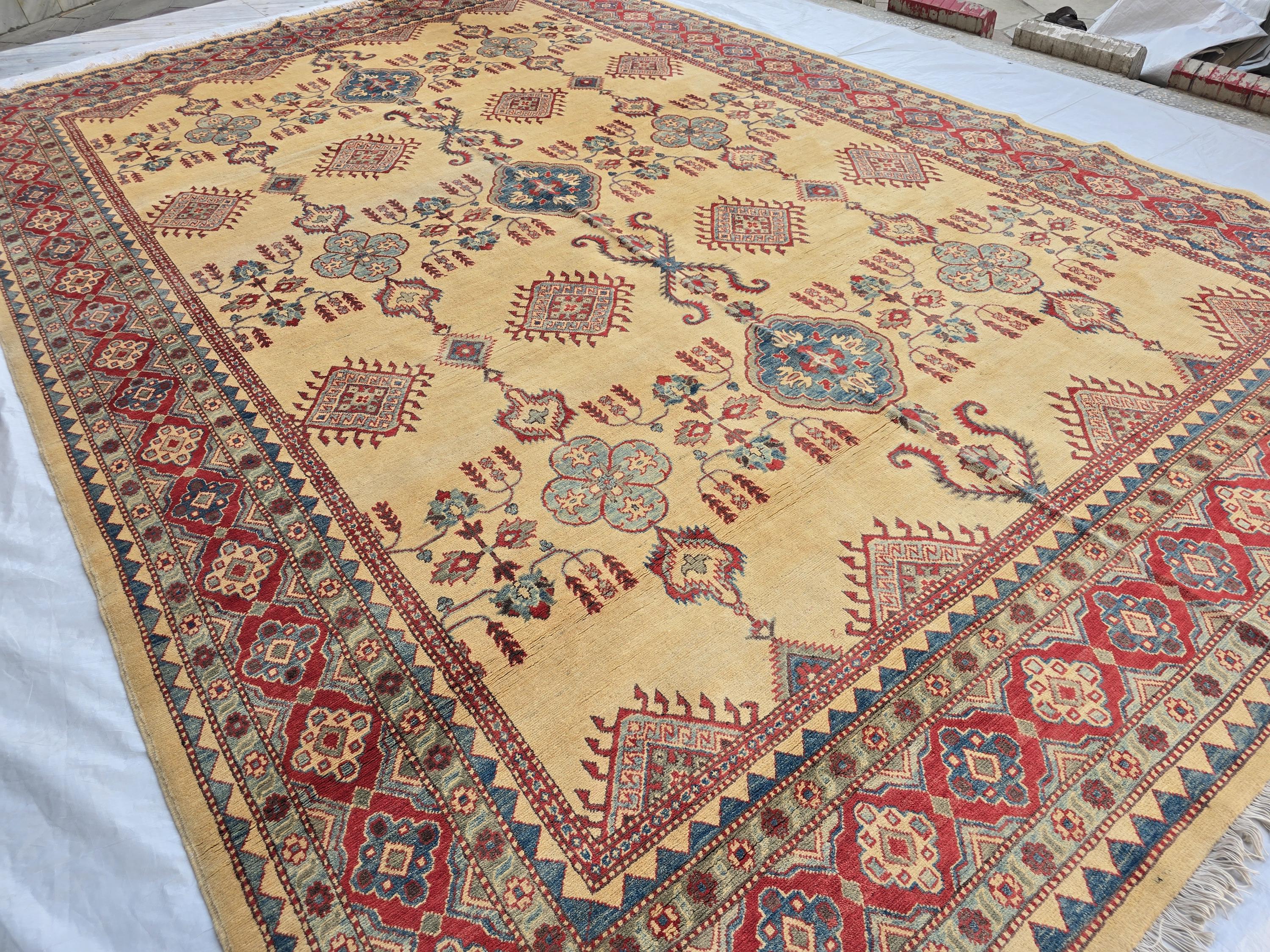 9x13ft Large Handmade Afghan Kazak Rug – Tribal Wool Carpet Red Blue Beige Colors – Turkmen Oriental Area Rug for Living Room Decor 386x285