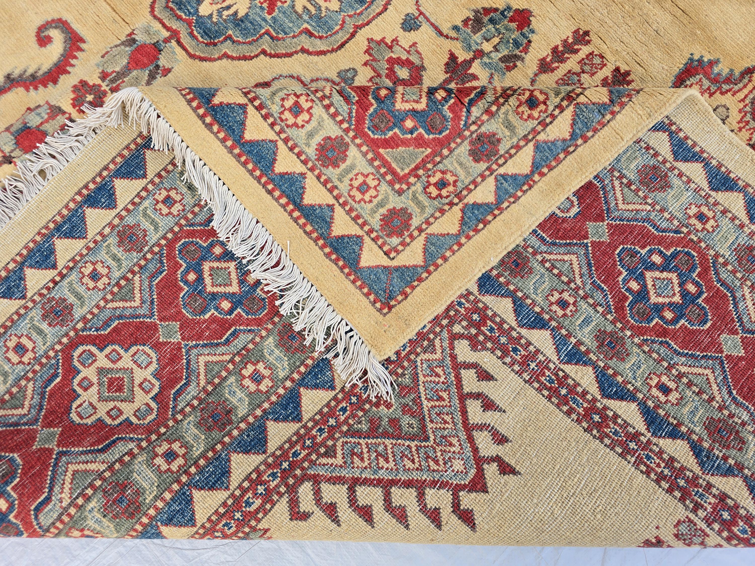 9x13ft Large Handmade Afghan Kazak Rug – Tribal Wool Carpet Red Blue Beige Colors – Turkmen Oriental Area Rug for Living Room Decor 386x285