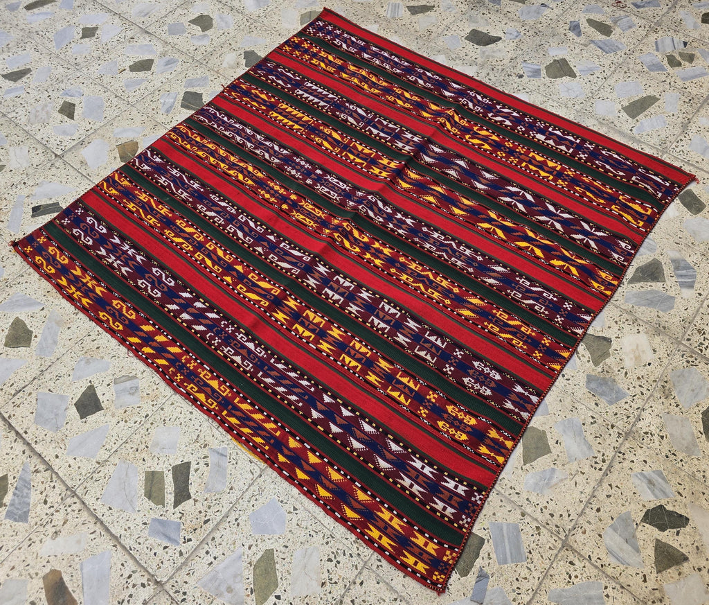 4'5x4'5 Square Kilim Afghan Handmade, Turkmen Geometric Wool Area Rug, Perfect for Dining Table, Living Room, Bedroom Rug 140x140