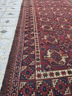 Antique Afghan Bukhara Rug – 100 Year Old Hand-Knotted Wool Rug 8x9ft – Tribal Red Vintage Oriental Carpet – Collectible Large Area Rug