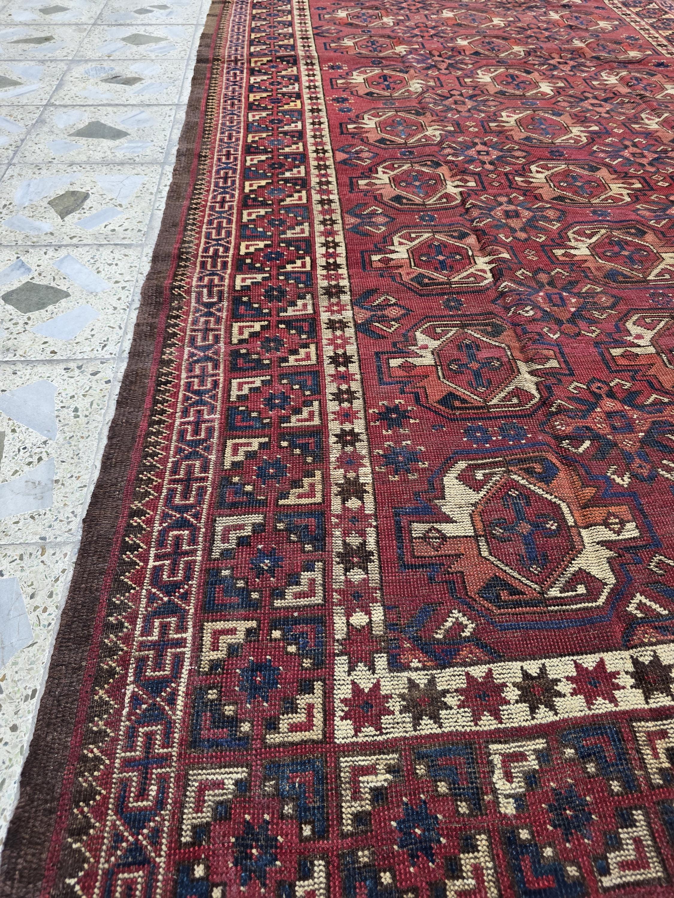 Antique Afghan Bukhara Rug – 100 Year Old Hand-Knotted Wool Rug 8x9ft – Tribal Red Vintage Oriental Carpet – Collectible Large Area Rug
