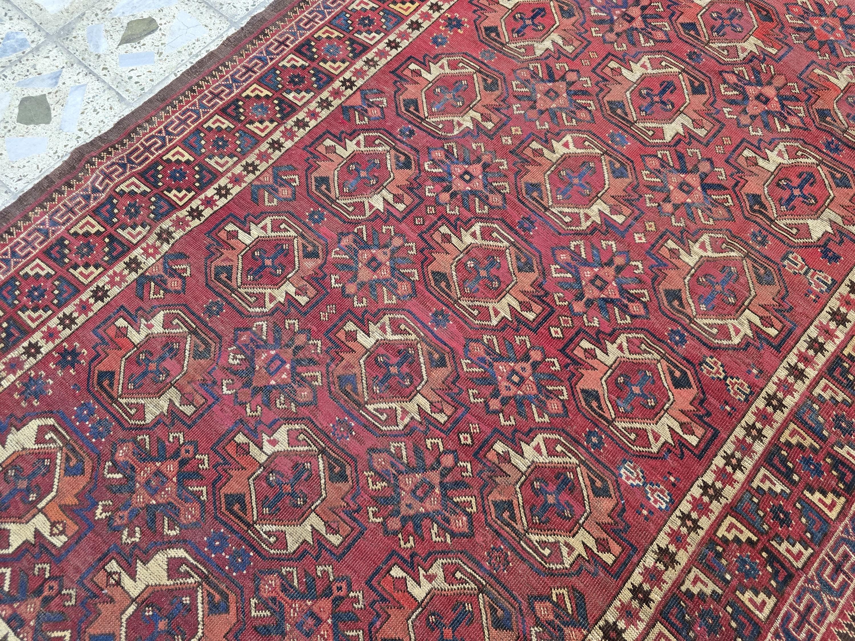 Antique Afghan Bukhara Rug – 100 Year Old Hand-Knotted Wool Rug 8x9ft – Tribal Red Vintage Oriental Carpet – Collectible Large Area Rug