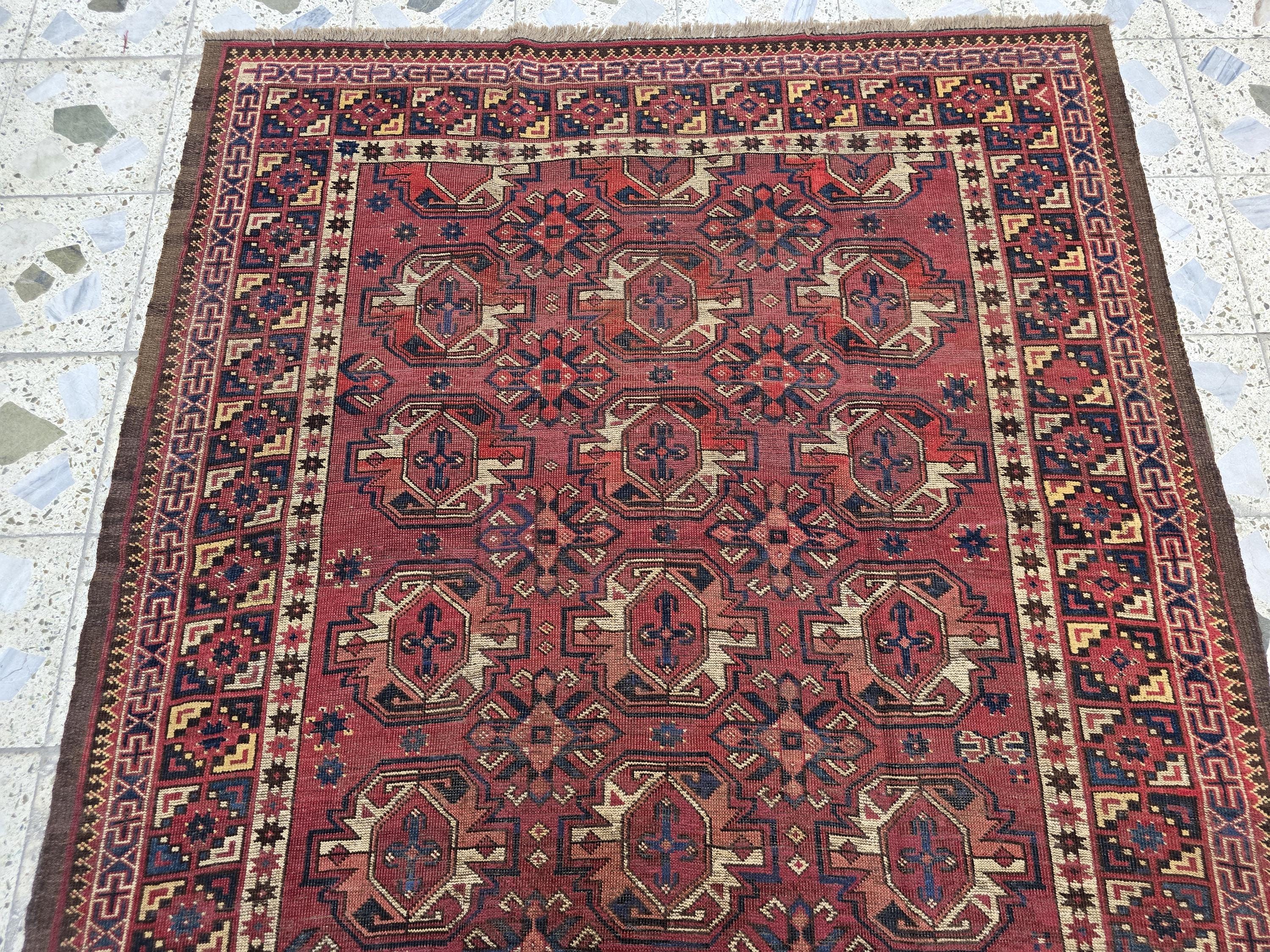 Antique Afghan Bukhara Rug – 100 Year Old Hand-Knotted Wool Rug 8x9ft – Tribal Red Vintage Oriental Carpet – Collectible Large Area Rug