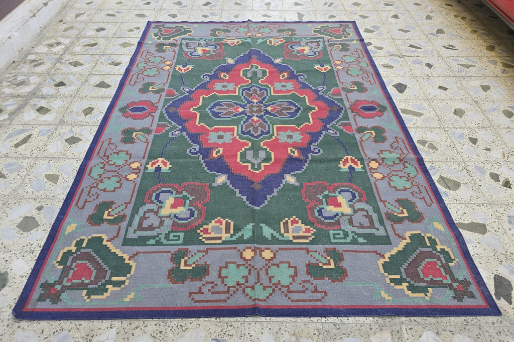 6.2x8.8ft Afghan Handmade Satranji Rug, Turkmen Geometric Rug, Green and Red Rug, Rug for Living Room, Bedroom