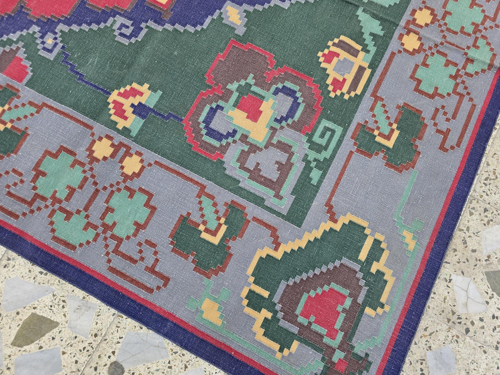 6.2x8.8ft Afghan Handmade Satranji Rug, Turkmen Geometric Rug, Green and Red Rug, Rug for Living Room, Bedroom