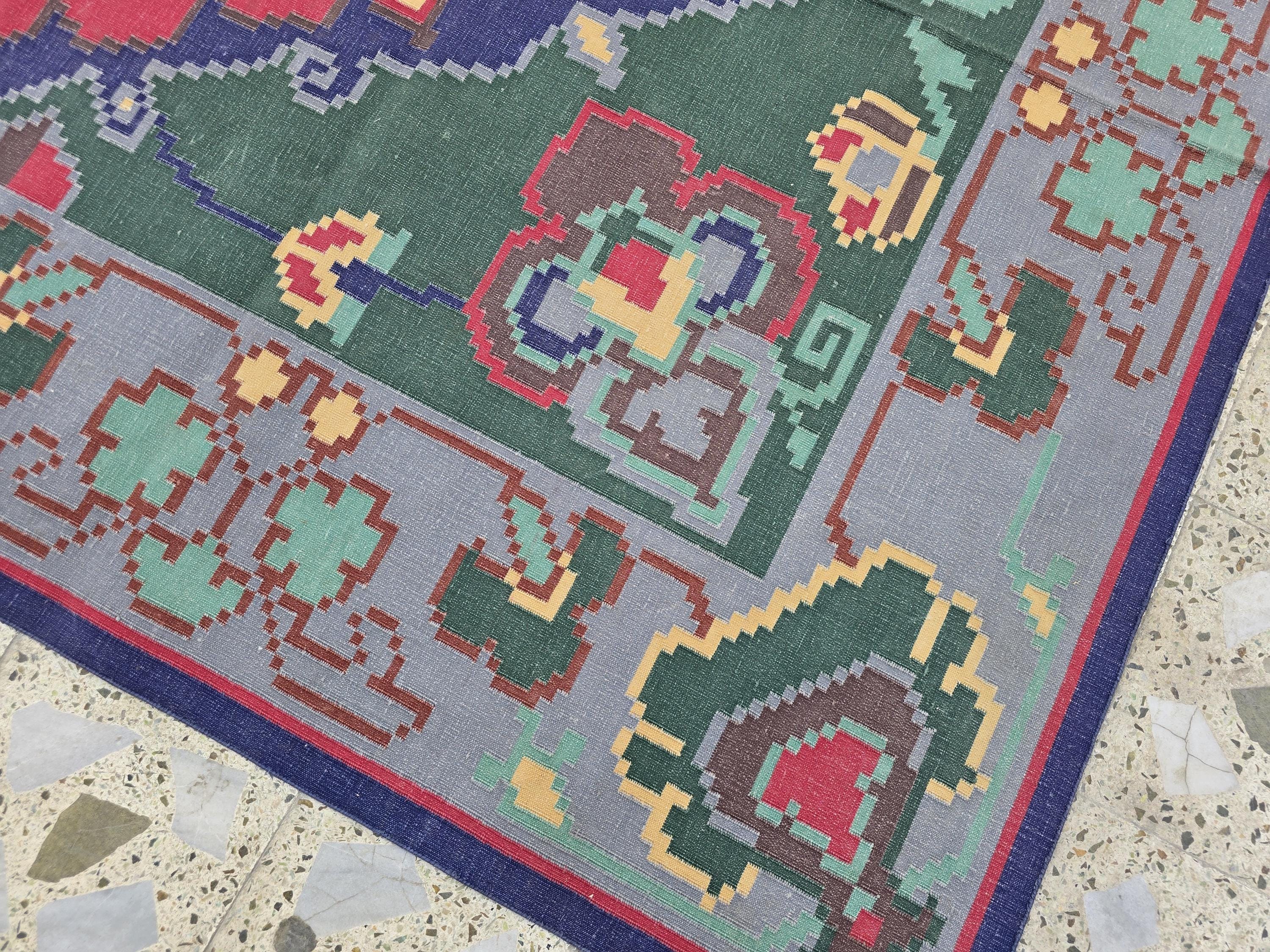 6.2x8.8ft Afghan Handmade Satranji Rug, Turkmen Geometric Rug, Green and Red Rug, Rug for Living Room, Bedroom
