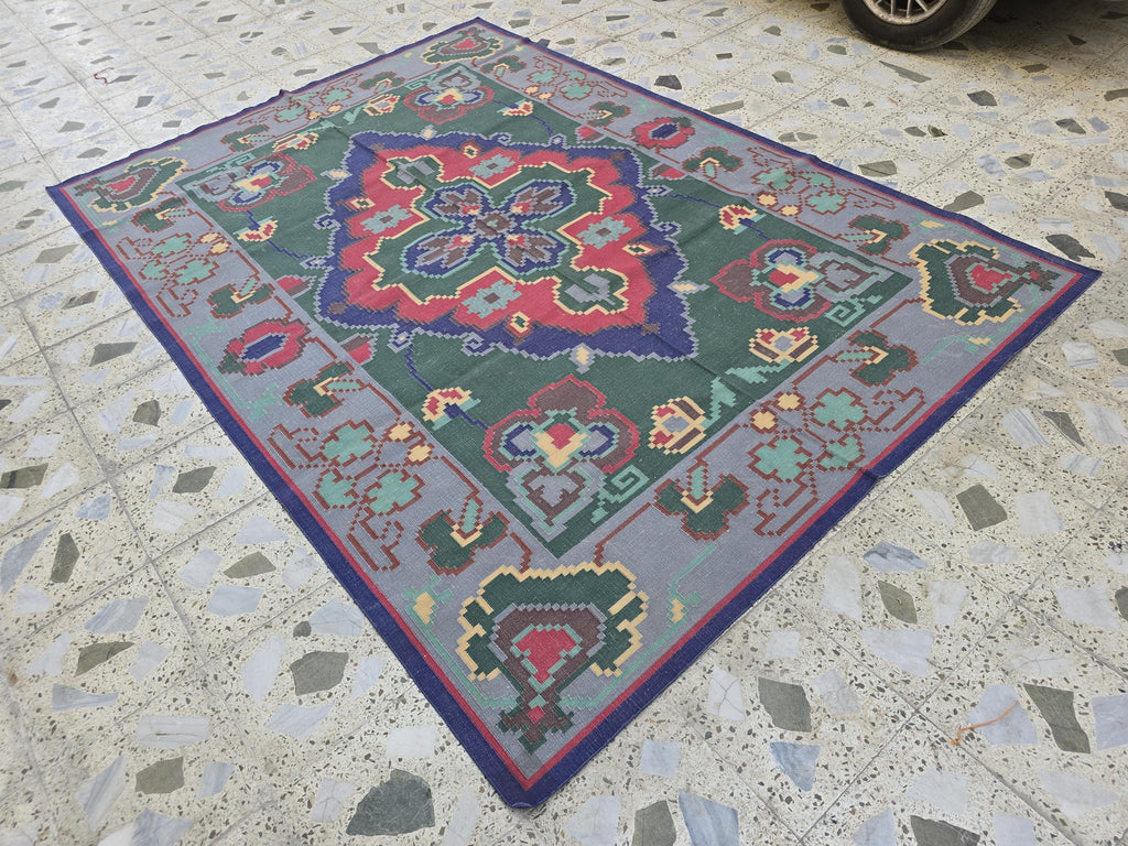 6.2x8.8ft Afghan Handmade Satranji Rug, Turkmen Geometric Rug, Green and Red Rug, Rug for Living Room, Bedroom