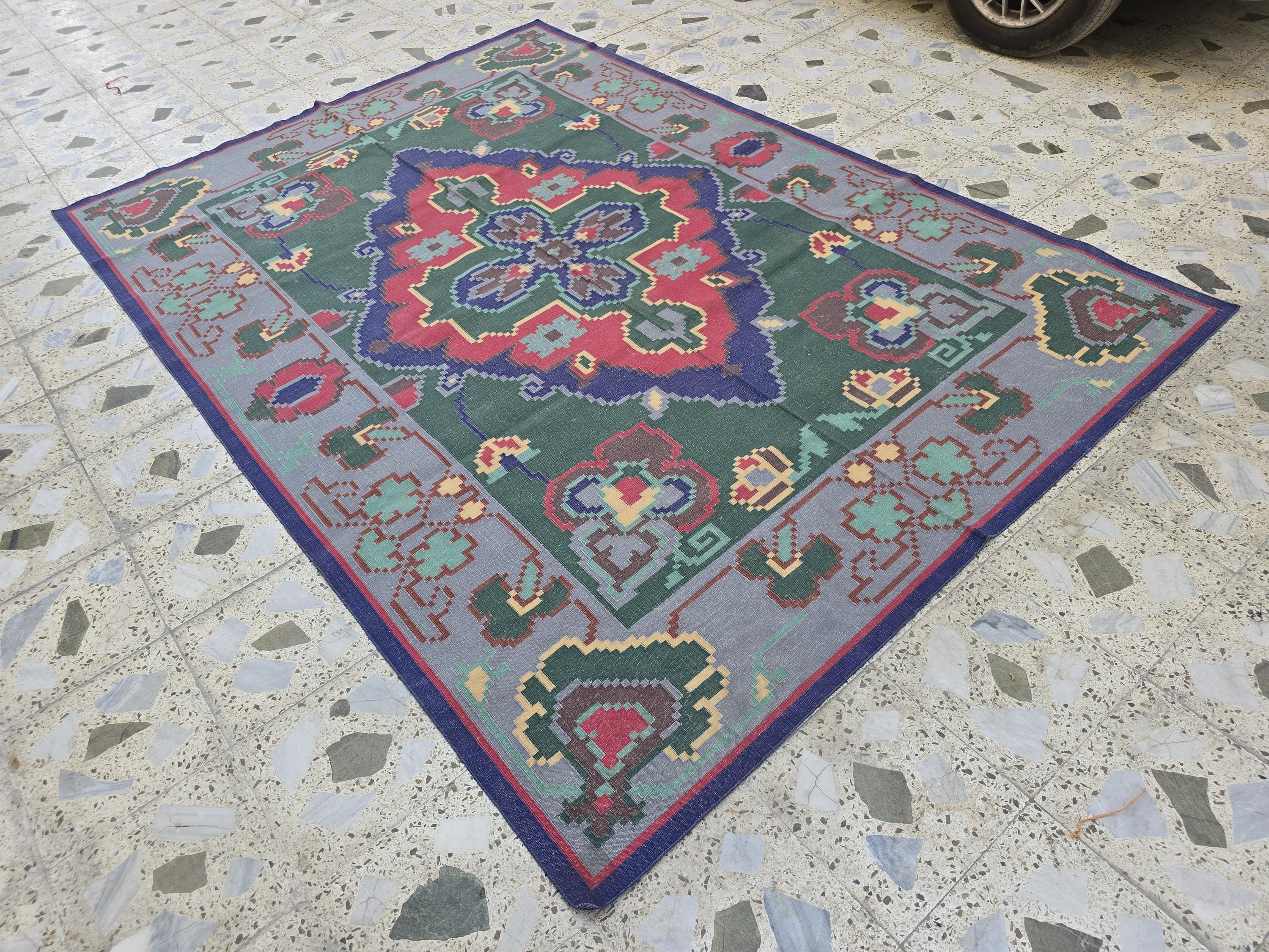 6.2x8.8ft Afghan Handmade Satranji Rug, Turkmen Geometric Rug, Green and Red Rug, Rug for Living Room, Bedroom