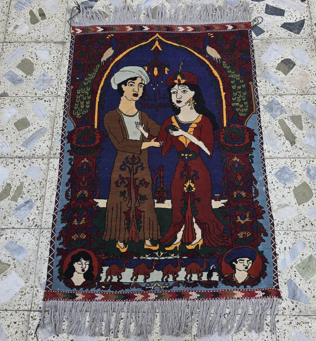 3x4 Laila Majnu Pictorial Rug Wall Hanging | Handmade Afghan Art Rug | Tribal Wool Wall Decor | Oriental Storytelling Tapestry, Wall Decor