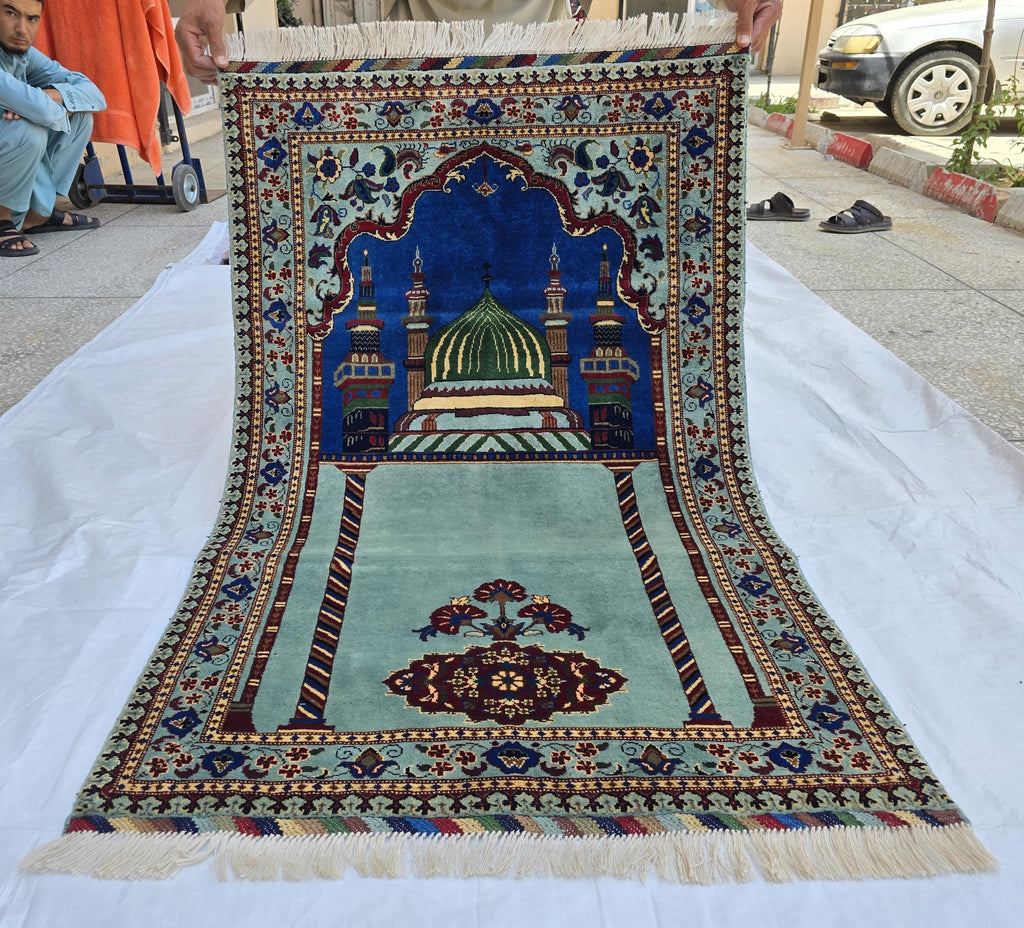 Afghan Prayer Mat Rug 4.6x2.8 ft – Soft Pile Beljik Design | Green & Blue Mosque Motif | Handmade Wool Islamic Prayer Rug | Wall Hanging