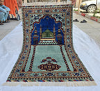 Afghan Prayer Mat Rug 4.6x2.8 ft – Soft Pile Beljik Design | Green & Blue Mosque Motif | Handmade Wool Islamic Prayer Rug | Wall Hanging