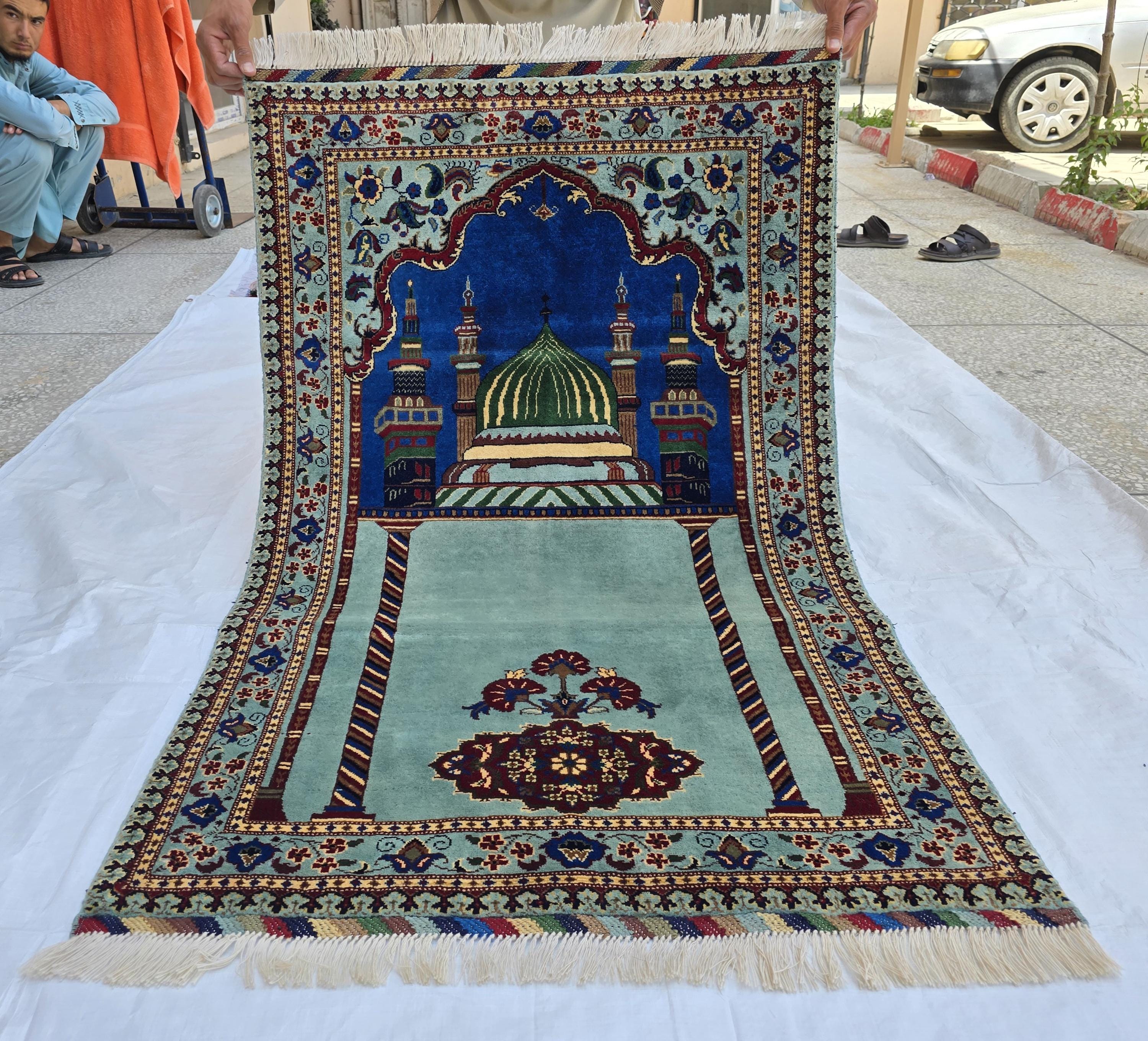 Afghan Prayer Mat Rug 4.6x2.8 ft – Soft Pile Beljik Design | Green & Blue Mosque Motif | Handmade Wool Islamic Prayer Rug | Wall Hanging
