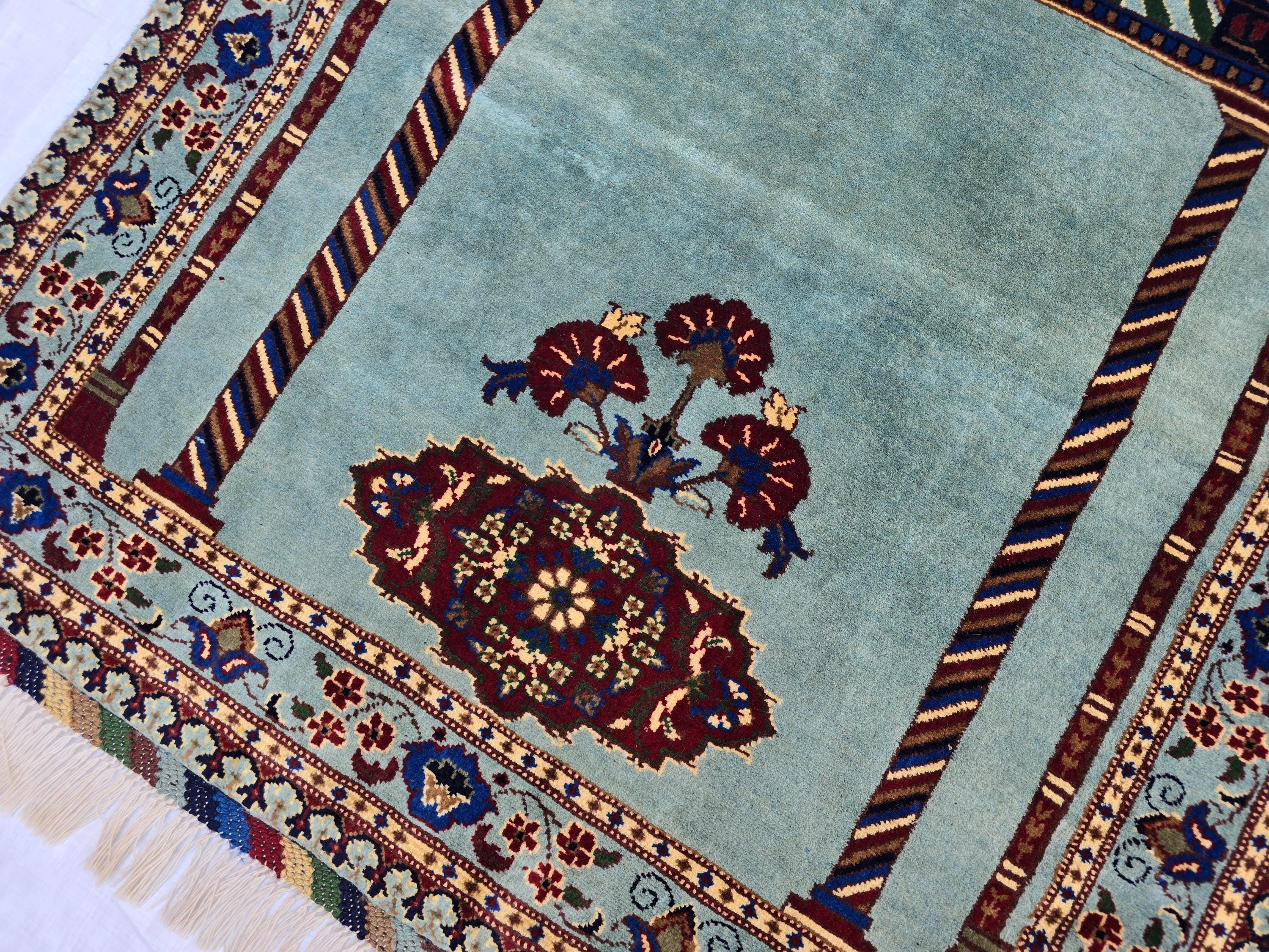 Afghan Prayer Mat Rug 4.6x2.8 ft – Soft Pile Beljik Design | Green & Blue Mosque Motif | Handmade Wool Islamic Prayer Rug | Wall Hanging