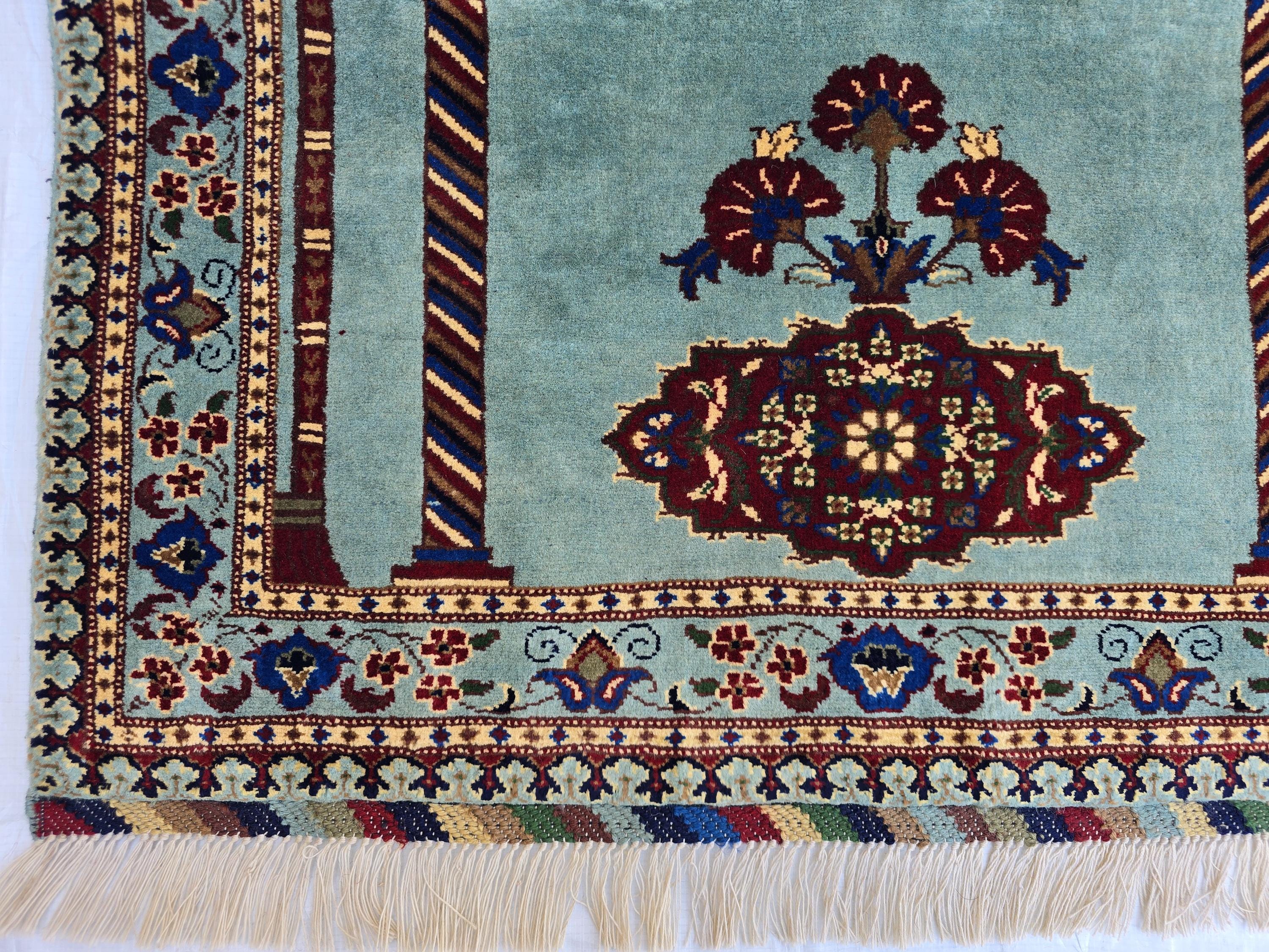 Afghan Prayer Mat Rug 4.6x2.8 ft – Soft Pile Beljik Design | Green & Blue Mosque Motif | Handmade Wool Islamic Prayer Rug | Wall Hanging