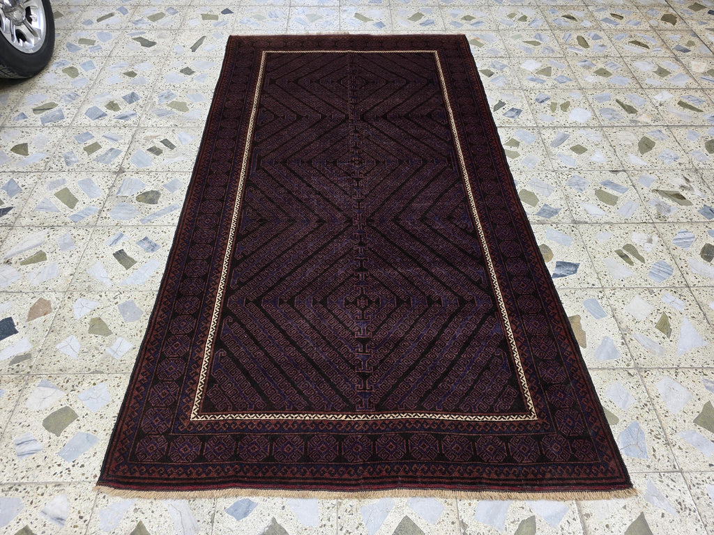 4x8 Vintage Baluchi Rug – Handwoven Tribal Afghan Wool Rug | Dark Geometric Design | Bohemian Floor Decor | Nomadic Carpet Art 233x130 cm