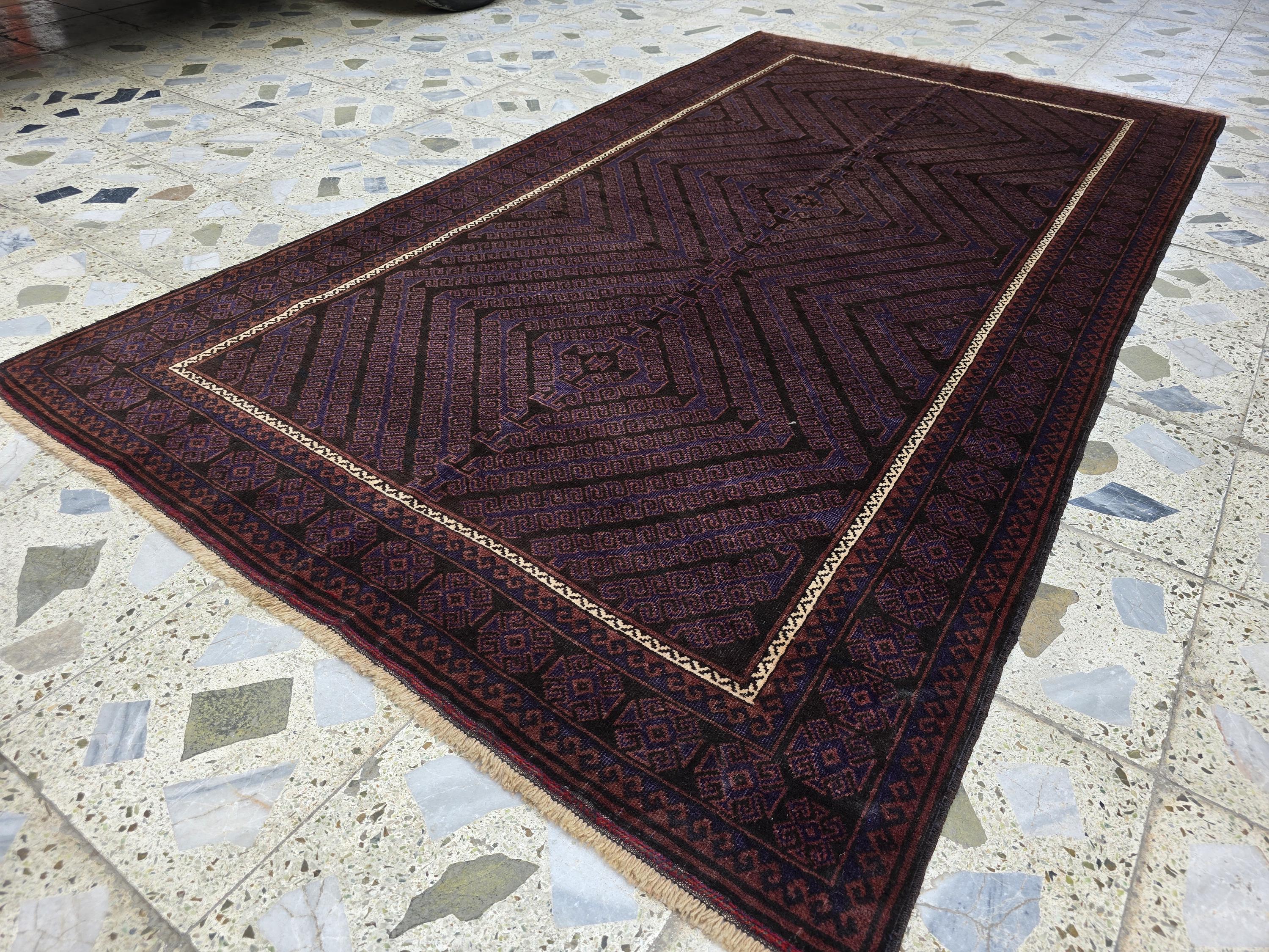 4x8 Vintage Baluchi Rug – Handwoven Tribal Afghan Wool Rug | Dark Geometric Design | Bohemian Floor Decor | Nomadic Carpet Art 233x130 cm