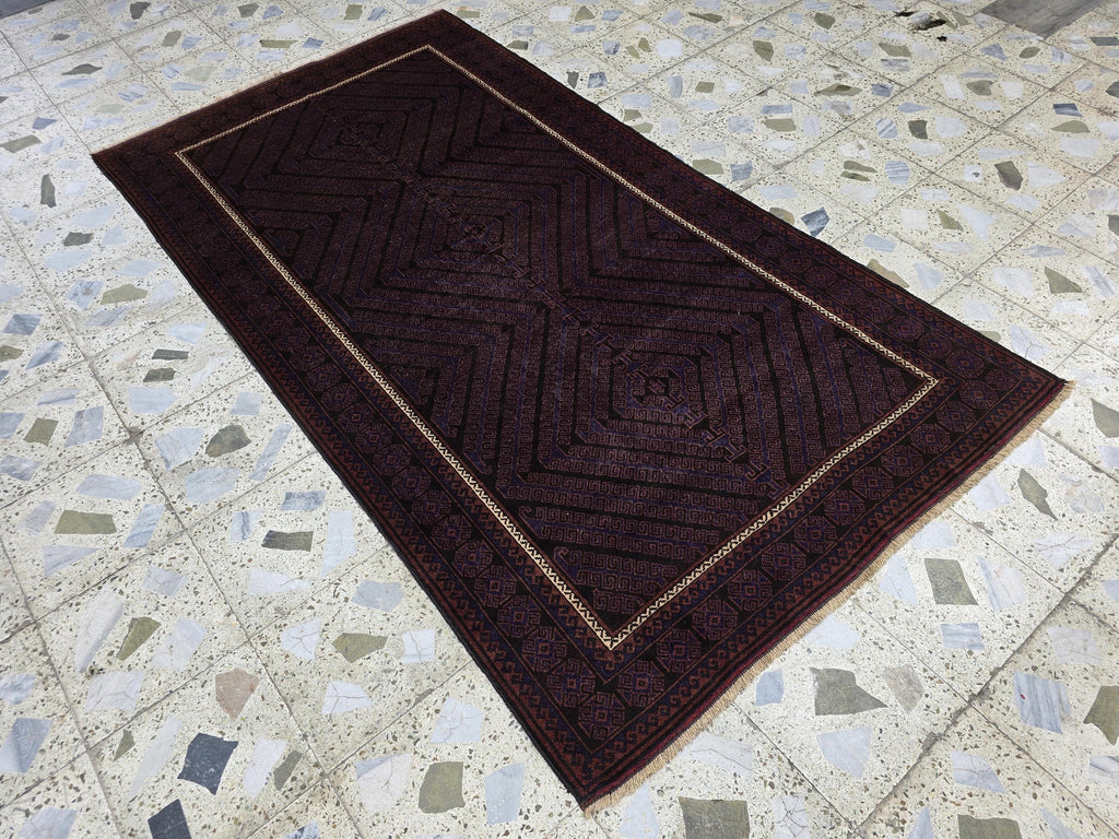 4x8 Vintage Baluchi Rug – Handwoven Tribal Afghan Wool Rug | Dark Geometric Design | Bohemian Floor Decor | Nomadic Carpet Art 233x130 cm