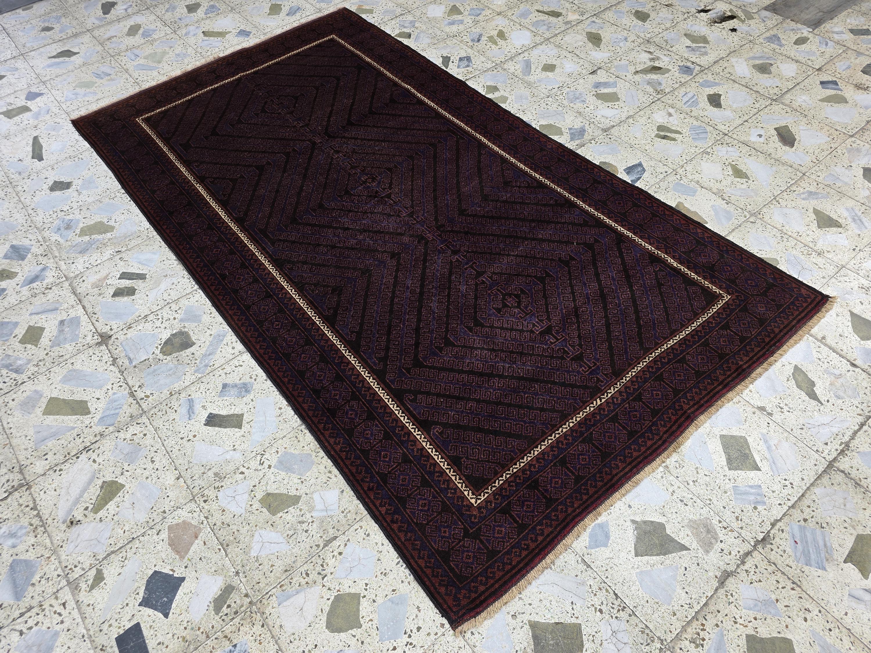 4x8 Vintage Baluchi Rug – Handwoven Tribal Afghan Wool Rug | Dark Geometric Design | Bohemian Floor Decor | Nomadic Carpet Art 233x130 cm