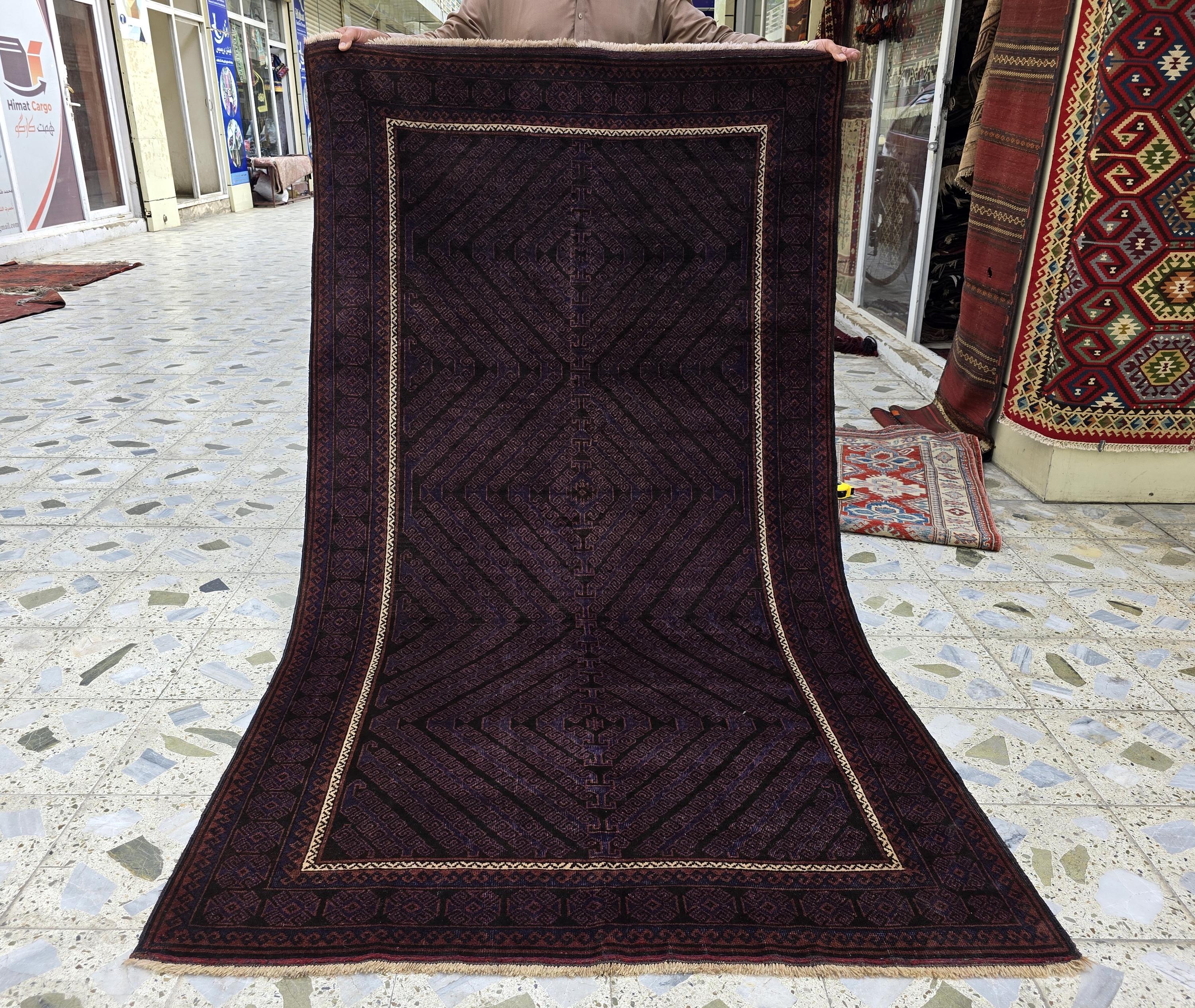 4x8 Vintage Baluchi Rug – Handwoven Tribal Afghan Wool Rug | Dark Geometric Design | Bohemian Floor Decor | Nomadic Carpet Art 233x130 cm