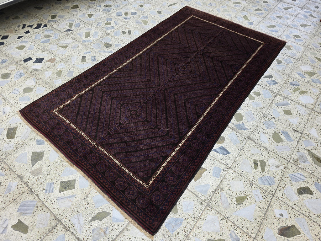 4x8 Vintage Baluchi Rug – Handwoven Tribal Afghan Wool Rug | Dark Geometric Design | Bohemian Floor Decor | Nomadic Carpet Art 233x130 cm