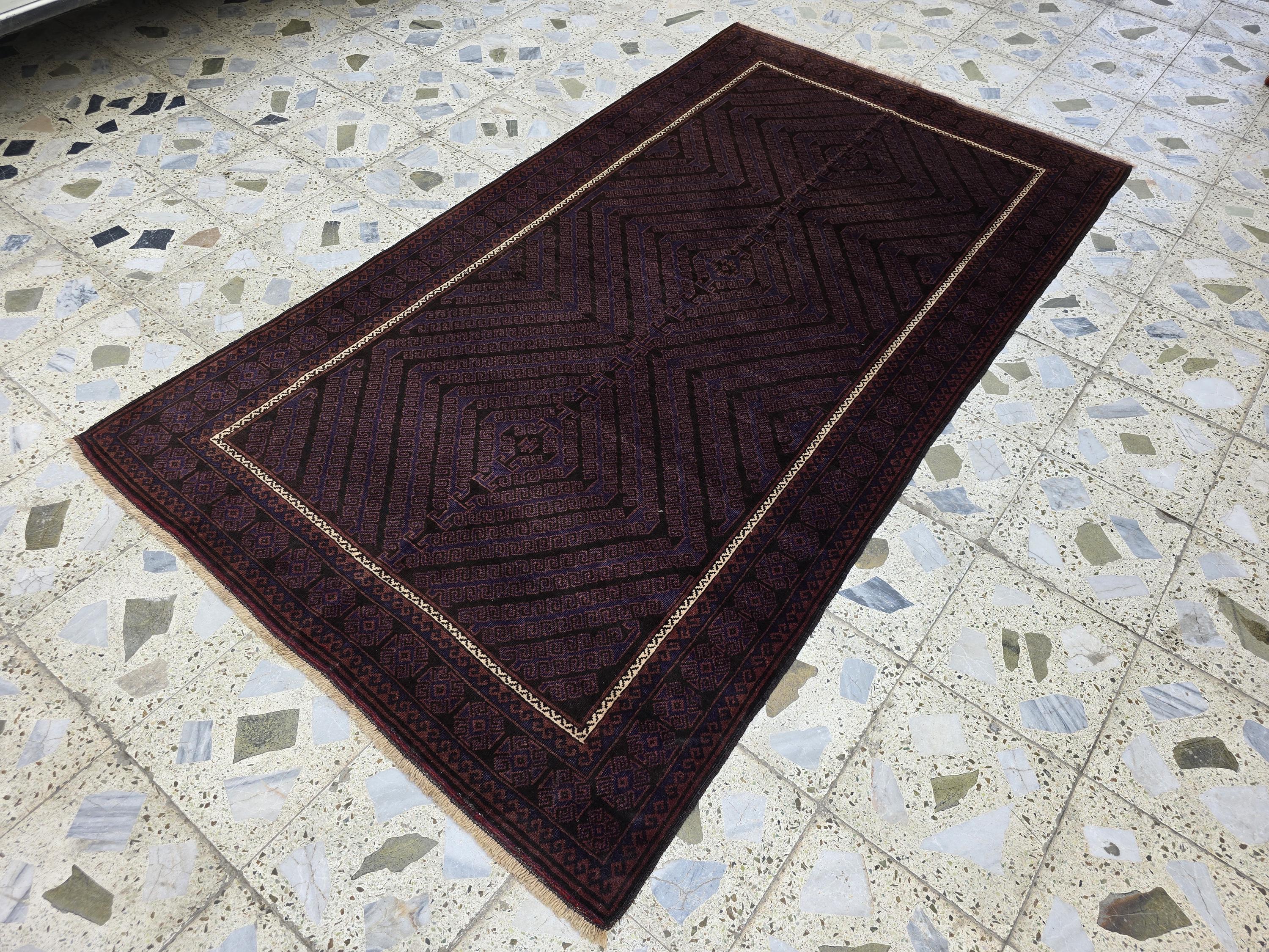 4x8 Vintage Baluchi Rug – Handwoven Tribal Afghan Wool Rug | Dark Geometric Design | Bohemian Floor Decor | Nomadic Carpet Art 233x130 cm