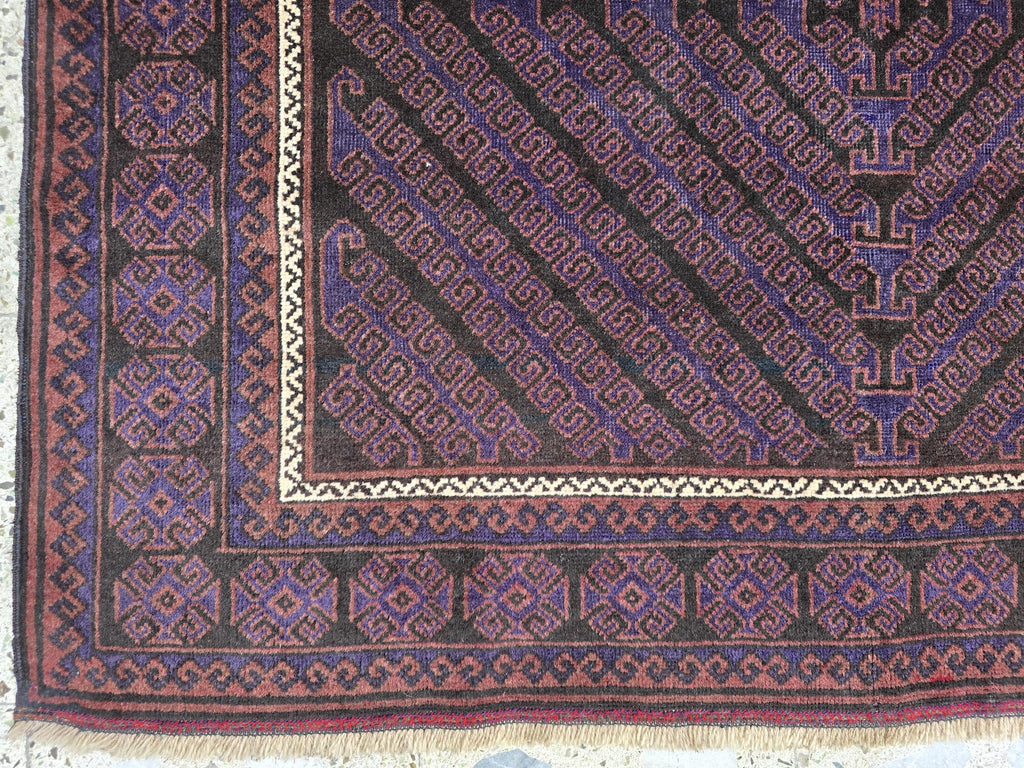 4x8 Vintage Baluchi Rug – Handwoven Tribal Afghan Wool Rug | Dark Geometric Design | Bohemian Floor Decor | Nomadic Carpet Art 233x130 cm