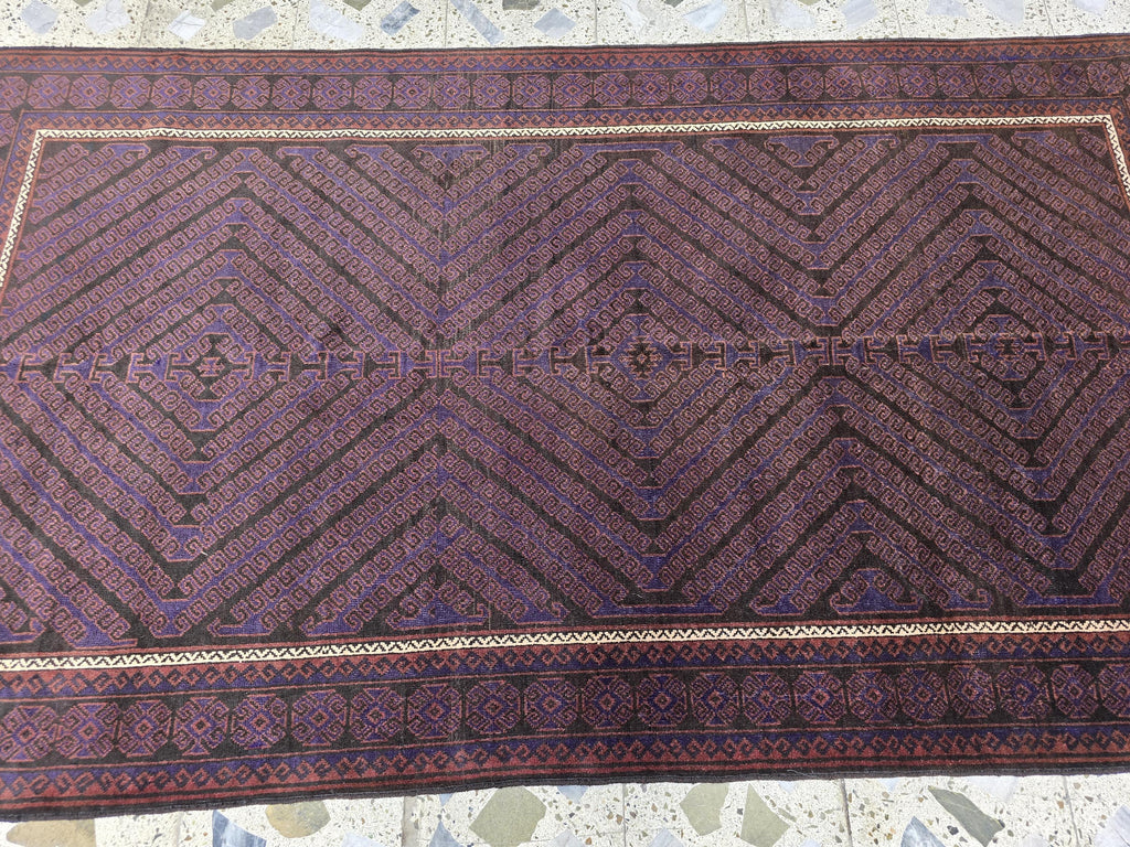 4x8 Vintage Baluchi Rug – Handwoven Tribal Afghan Wool Rug | Dark Geometric Design | Bohemian Floor Decor | Nomadic Carpet Art 233x130 cm