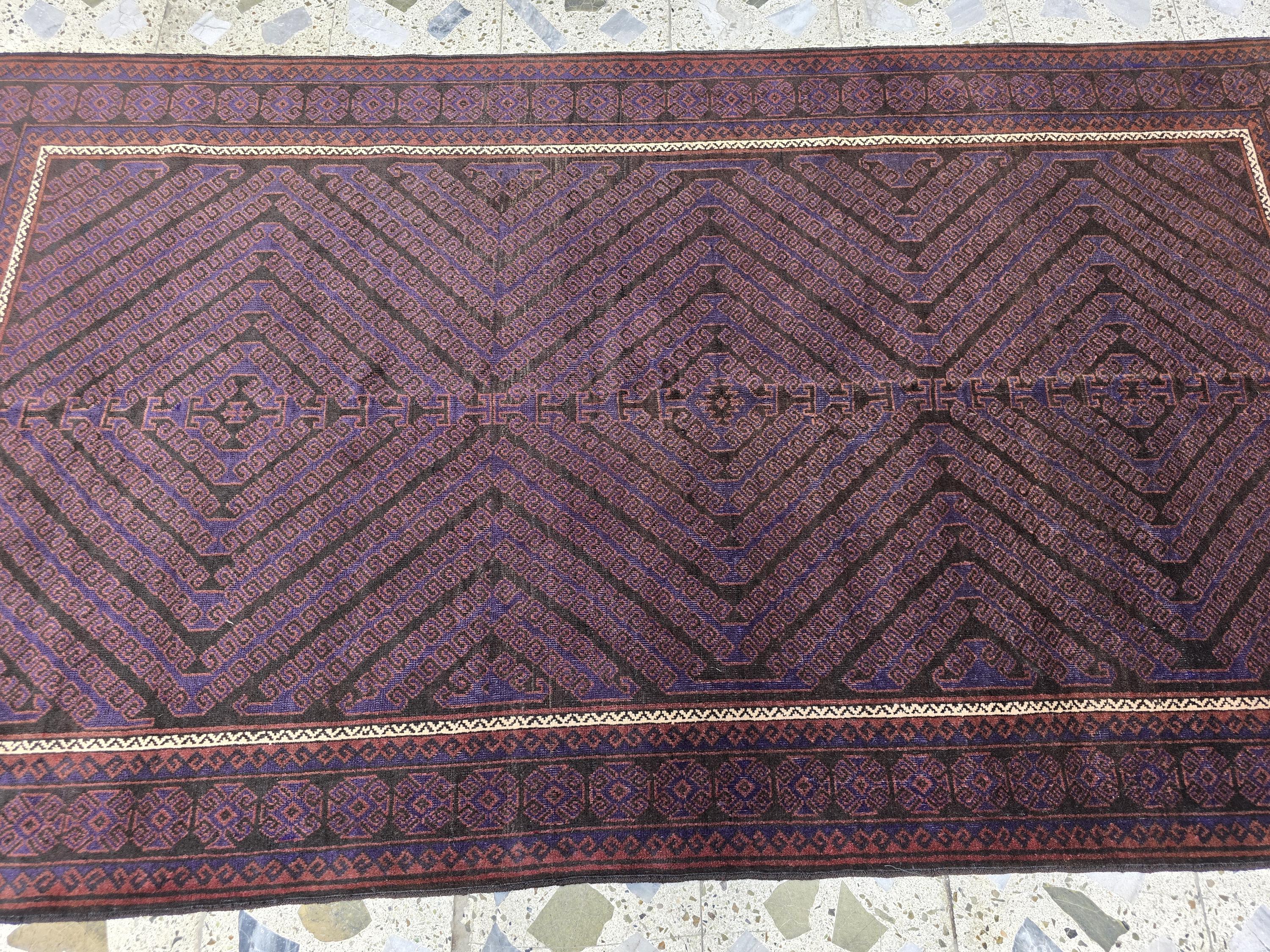 4x8 Vintage Baluchi Rug – Handwoven Tribal Afghan Wool Rug | Dark Geometric Design | Bohemian Floor Decor | Nomadic Carpet Art 233x130 cm
