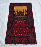 Afghan Handwoven Prayer Mat, Soft Pile Beljik Design 4.6x2.8ft, Turkmen Wool Area Rug, Handmade Wool Islamic Prayer Rug | Wall Hanging
