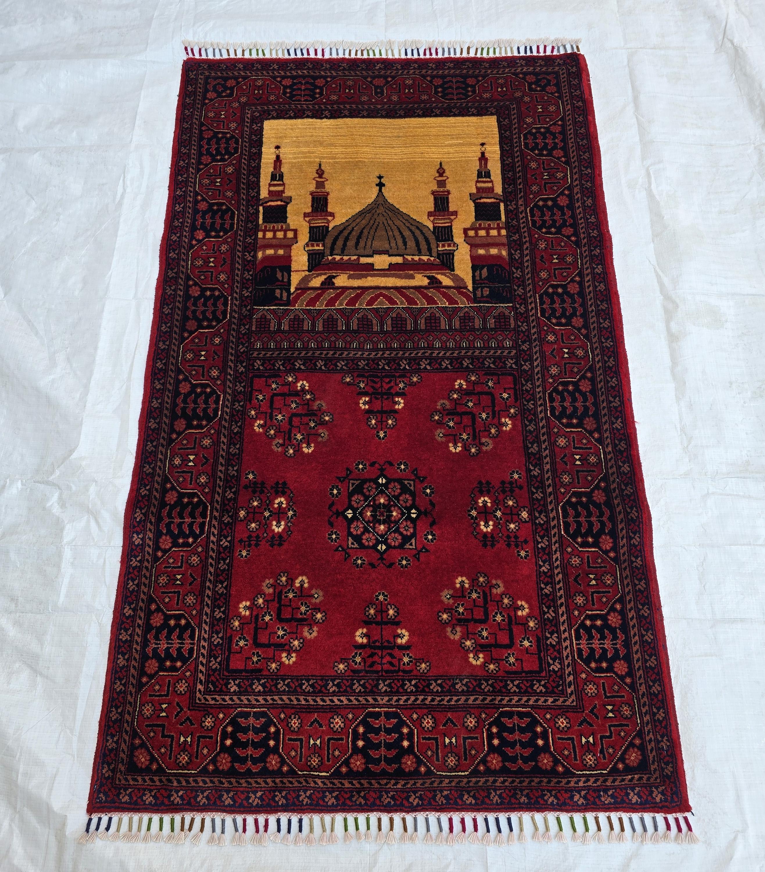 Afghan Handwoven Prayer Mat, Soft Pile Beljik Design 4.6x2.8ft, Turkmen Wool Area Rug, Handmade Wool Islamic Prayer Rug | Wall Hanging
