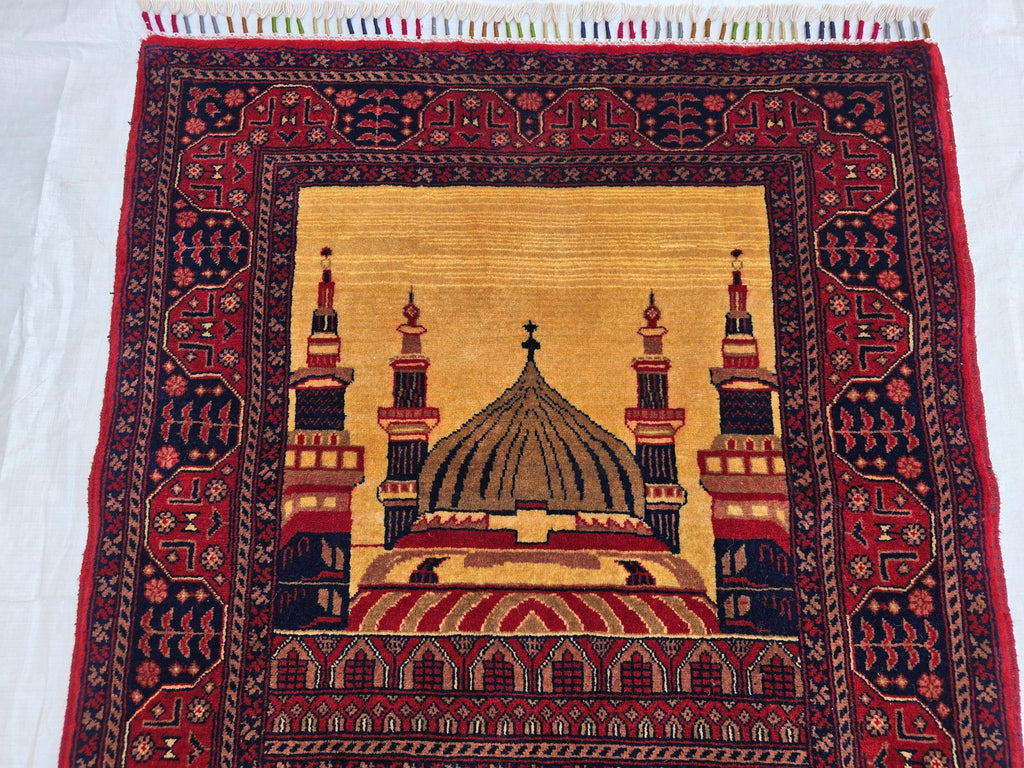 Afghan Handwoven Prayer Mat, Soft Pile Beljik Design 4.6x2.8ft, Turkmen Wool Area Rug, Handmade Wool Islamic Prayer Rug | Wall Hanging