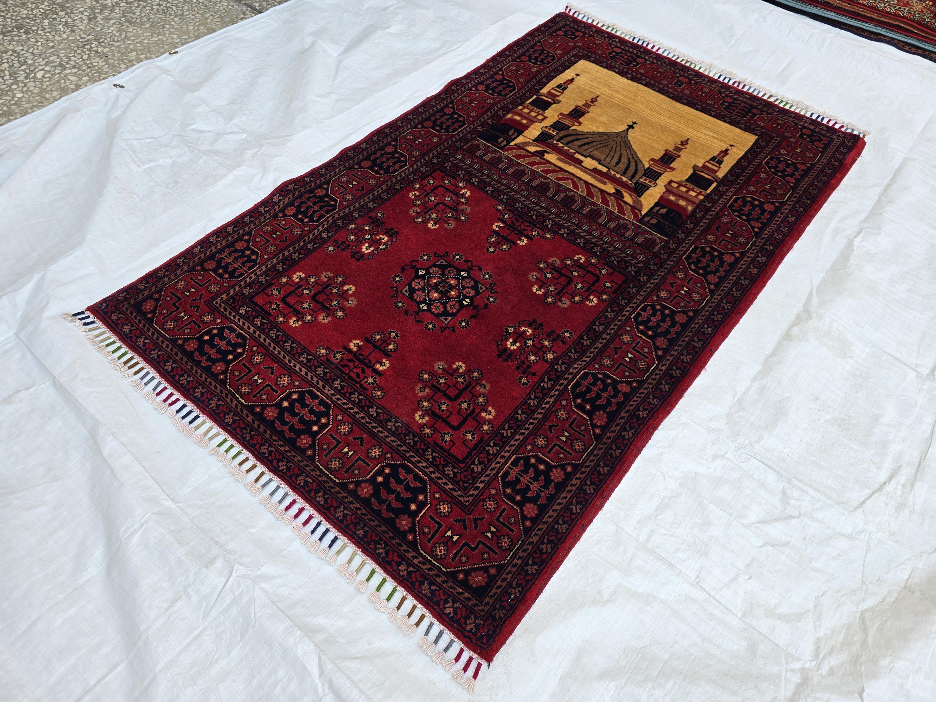 Afghan Handwoven Prayer Mat, Soft Pile Beljik Design 4.6x2.8ft, Turkmen Wool Area Rug, Handmade Wool Islamic Prayer Rug | Wall Hanging