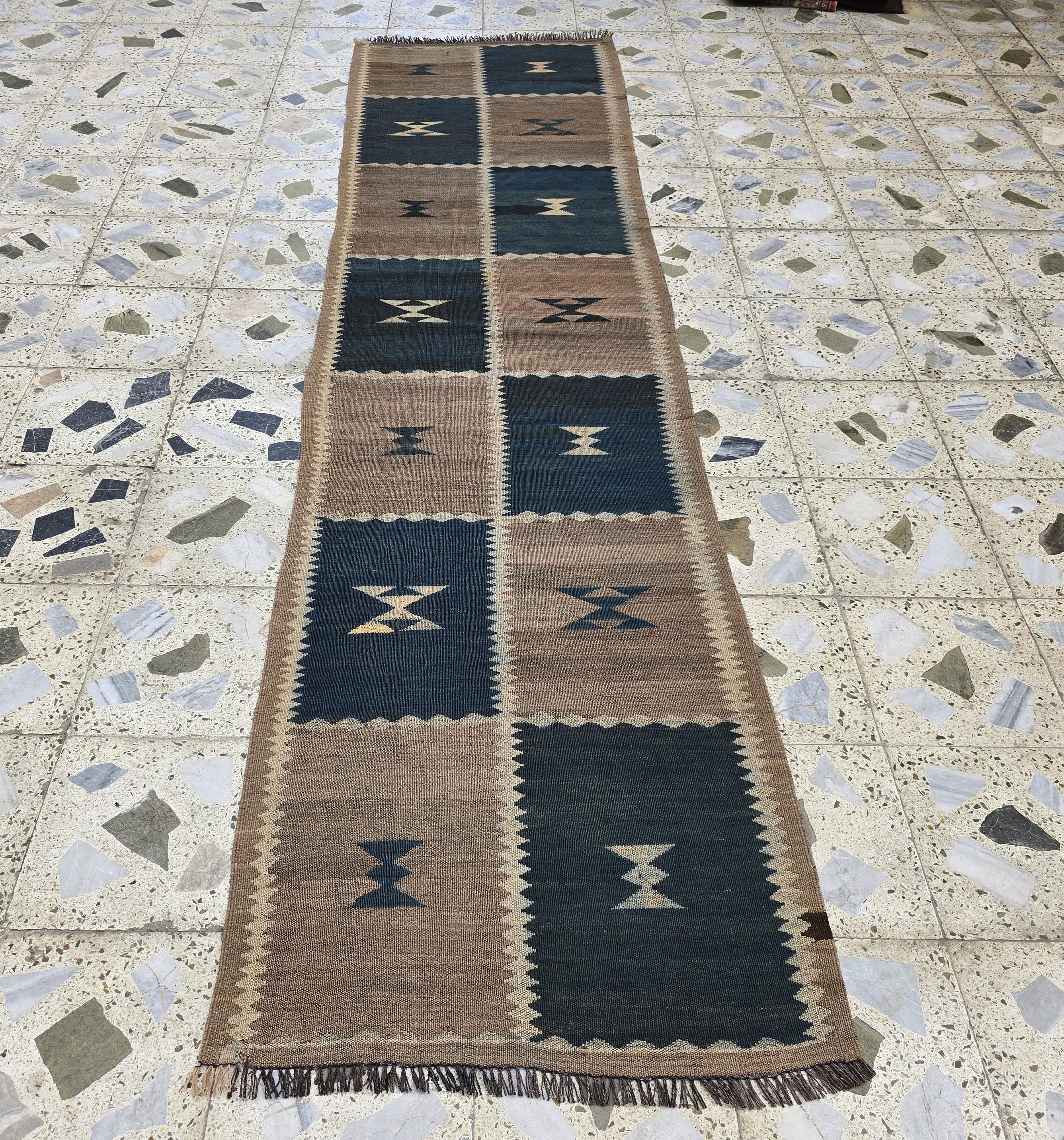 Vintage Kilim Runner Rug 9.9x2.5 ft – Handwoven Afghan Wool Hallway Rug | Tribal Geometric Pattern | Boho Rustic Long Corridor Carpet