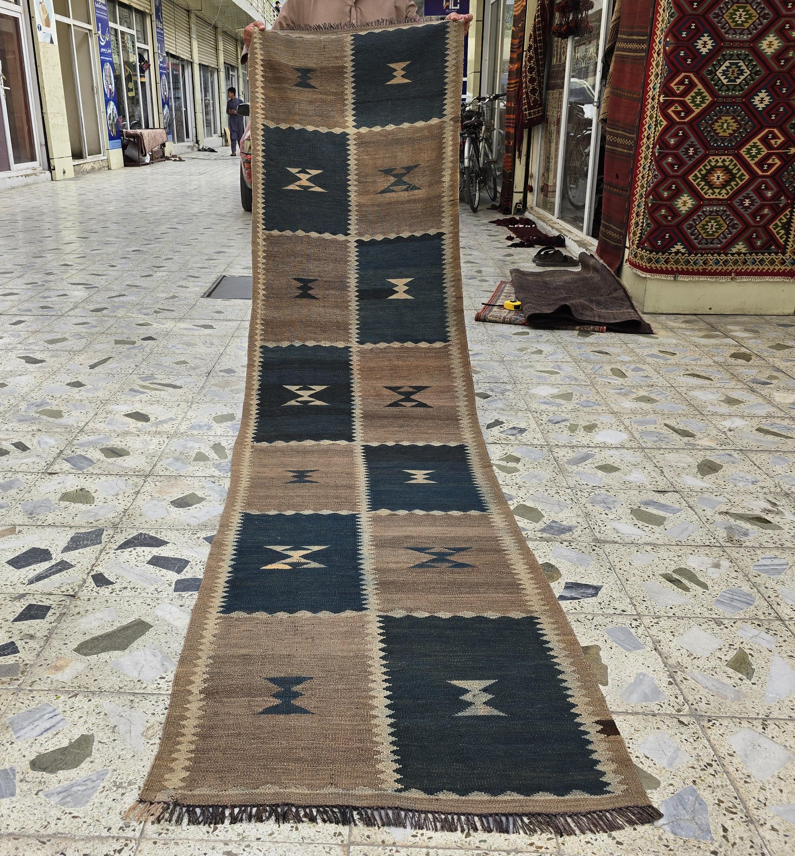 Vintage Kilim Runner Rug 9.9x2.5 ft – Handwoven Afghan Wool Hallway Rug | Tribal Geometric Pattern | Boho Rustic Long Corridor Carpet