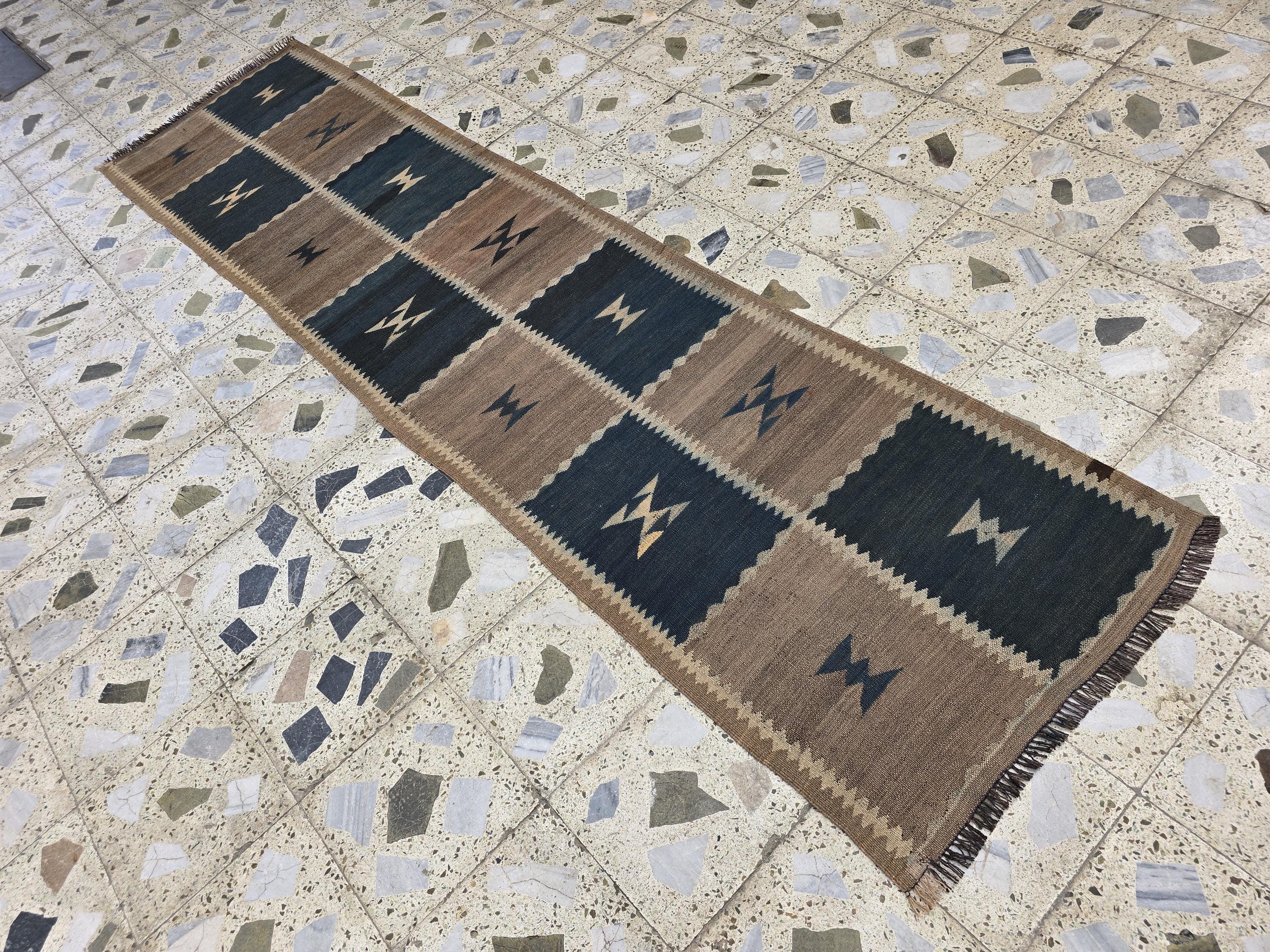 Vintage Kilim Runner Rug 9.9x2.5 ft – Handwoven Afghan Wool Hallway Rug | Tribal Geometric Pattern | Boho Rustic Long Corridor Carpet